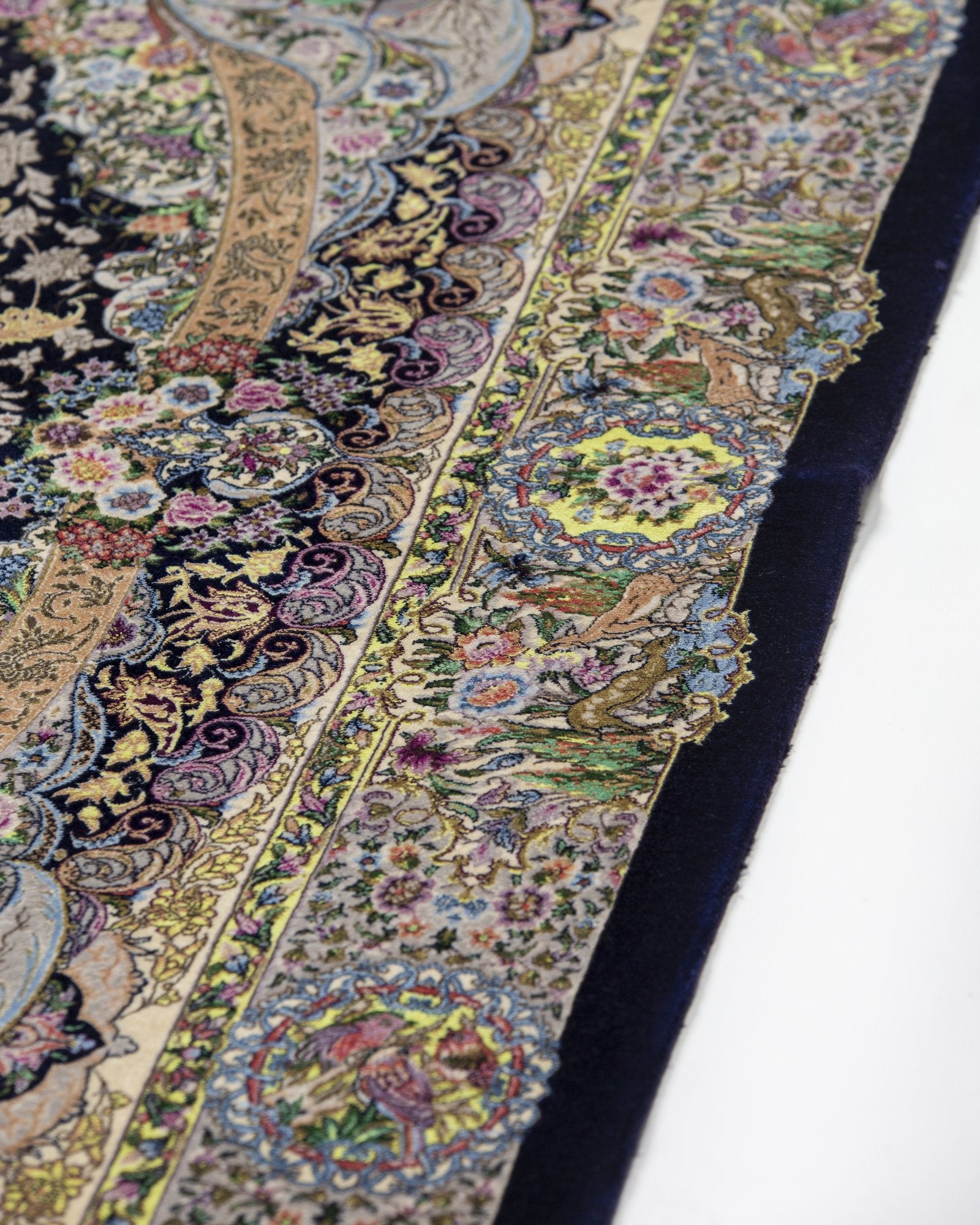 Shahrzad silk and wool carpet field pattern detail in navy blue, 200 x 300 cm - Tabeer Homes Dubai