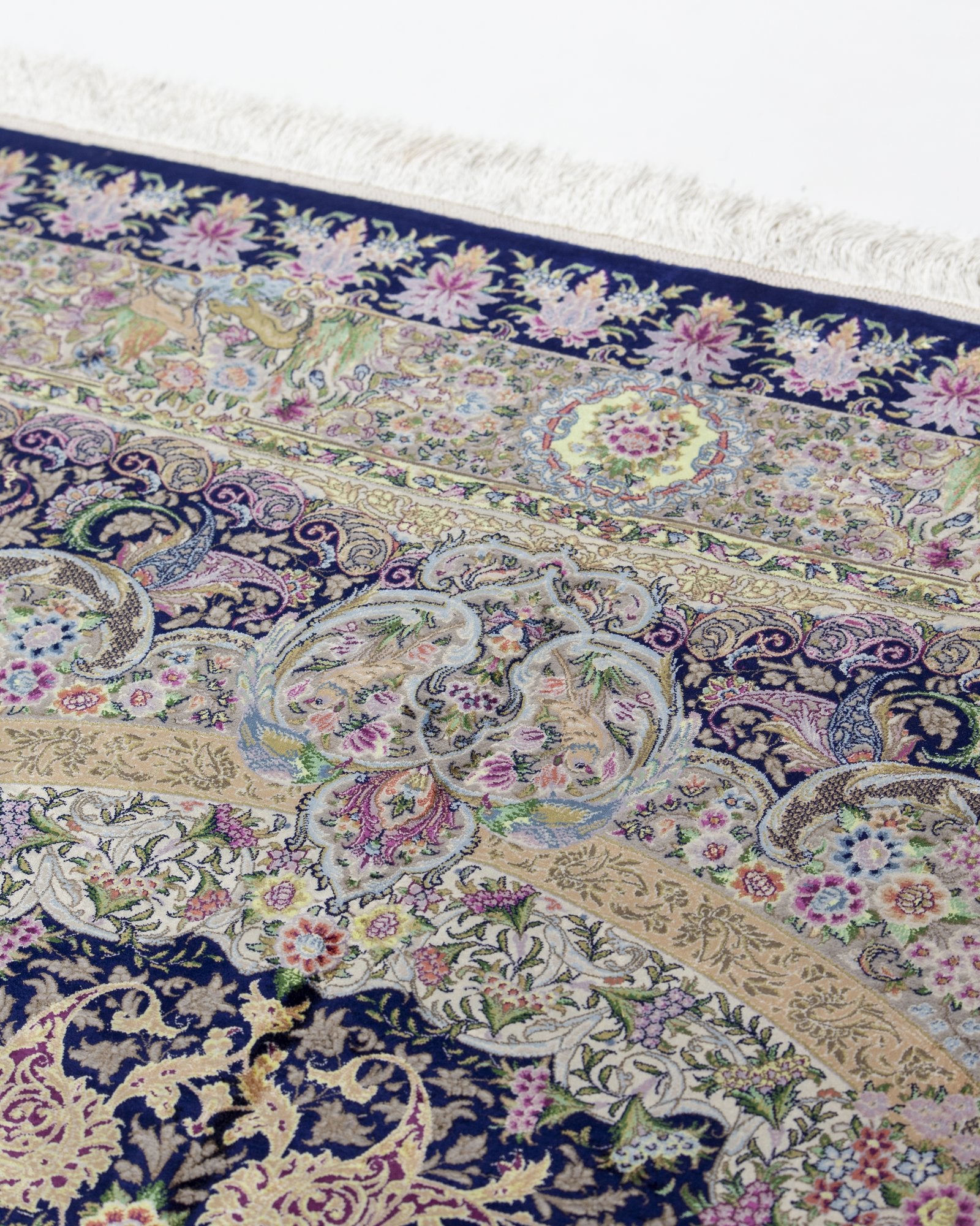Shahrzad Persian silk and wool rug side view showing depth of colour, navy blue 200 x 300 cm - Tabeer Homes Dubai
