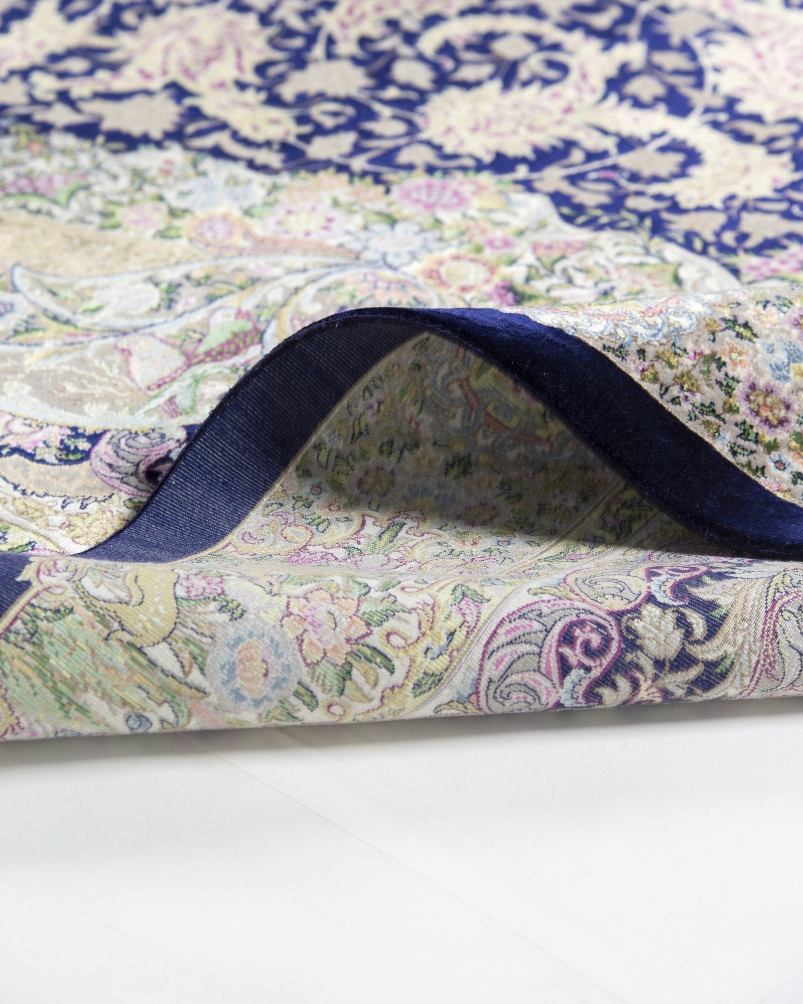 Shahrzad Persian silk and wool rug corner motif detail in navy blue, 200 x 300 cm - Tabeer Homes Dubai