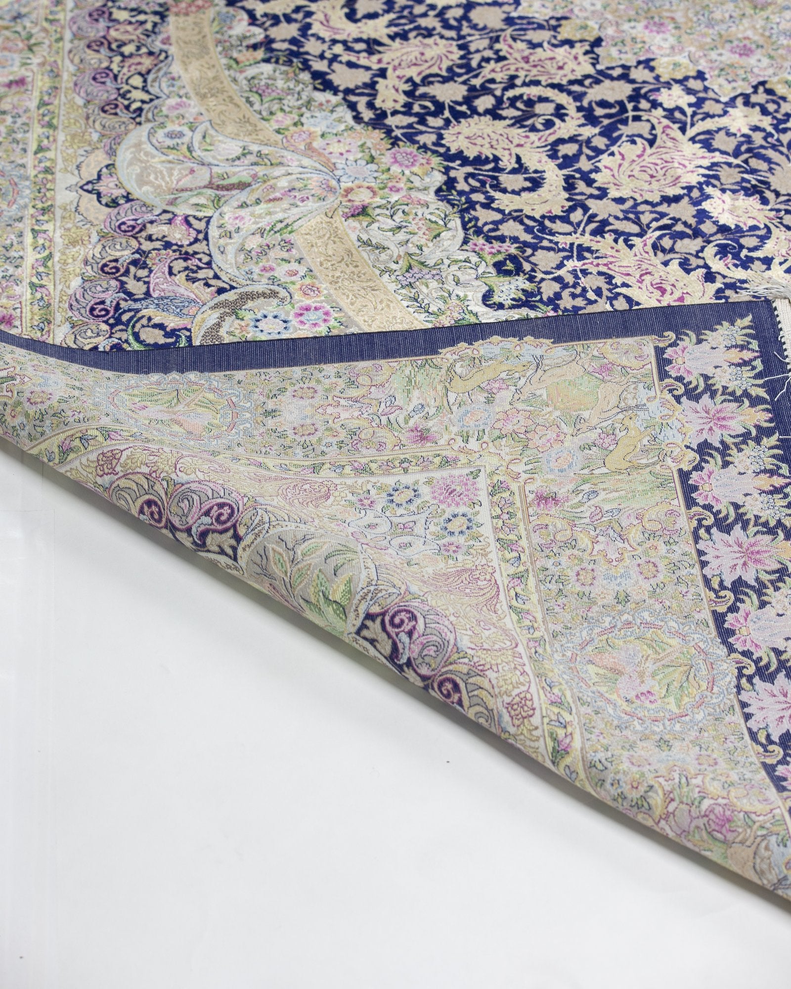 Shahrzad silk and wool carpet draped fold showing silk lustre, navy blue 200 x 300 cm - Tabeer Homes Dubai