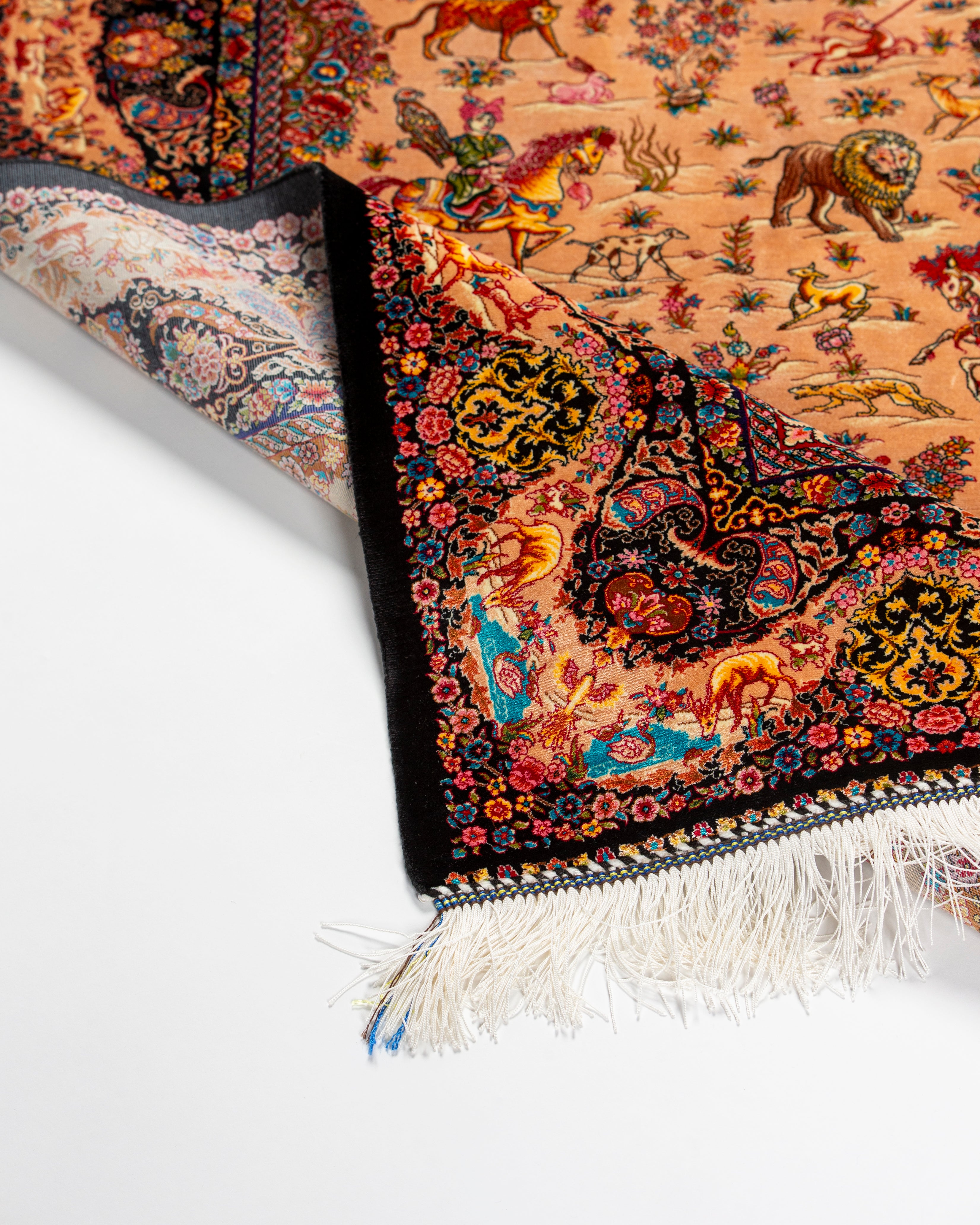 Corner and fringe of the Shirin camel silk rug