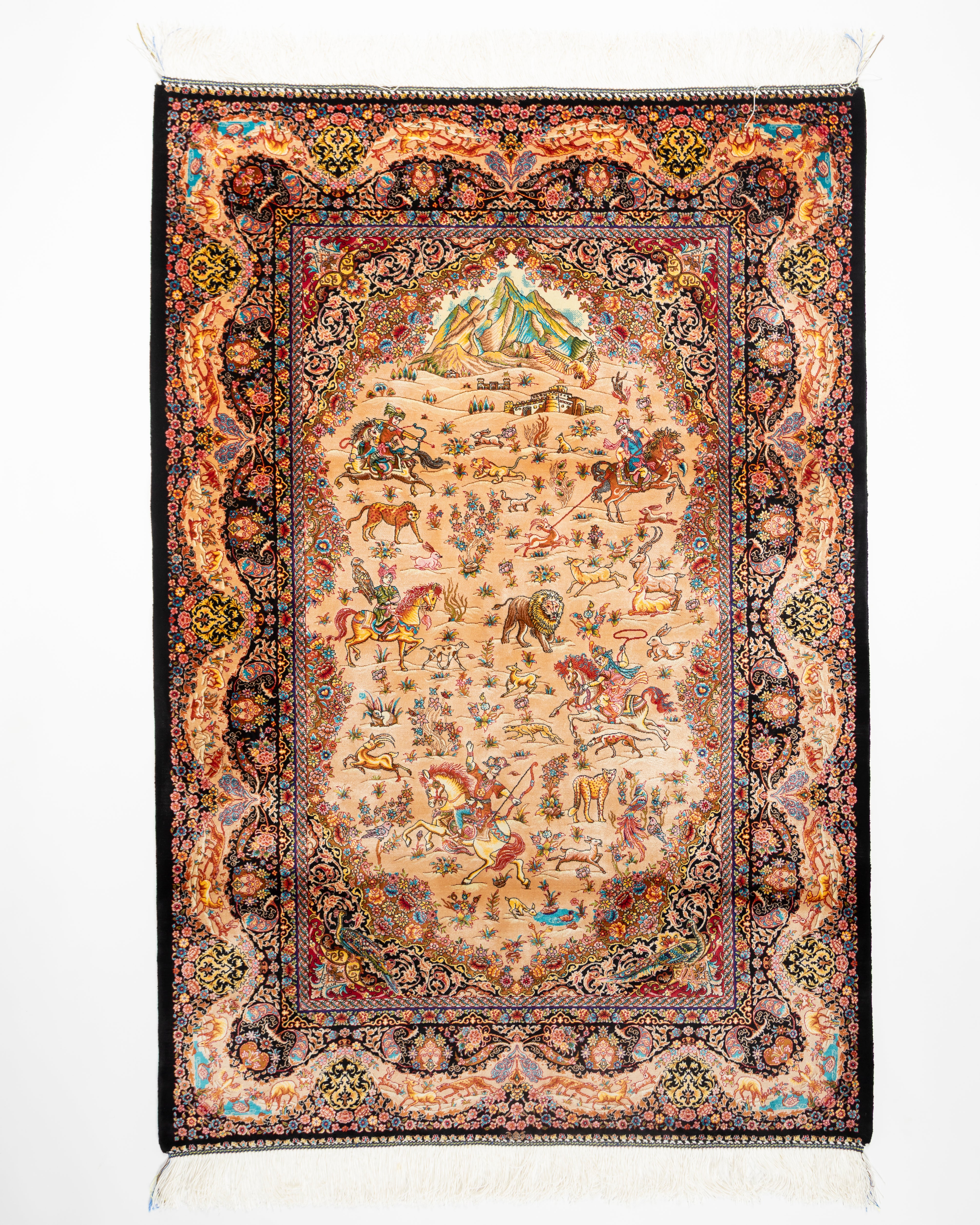 Shirin camel silk rug with a Persian hunting scene, full view