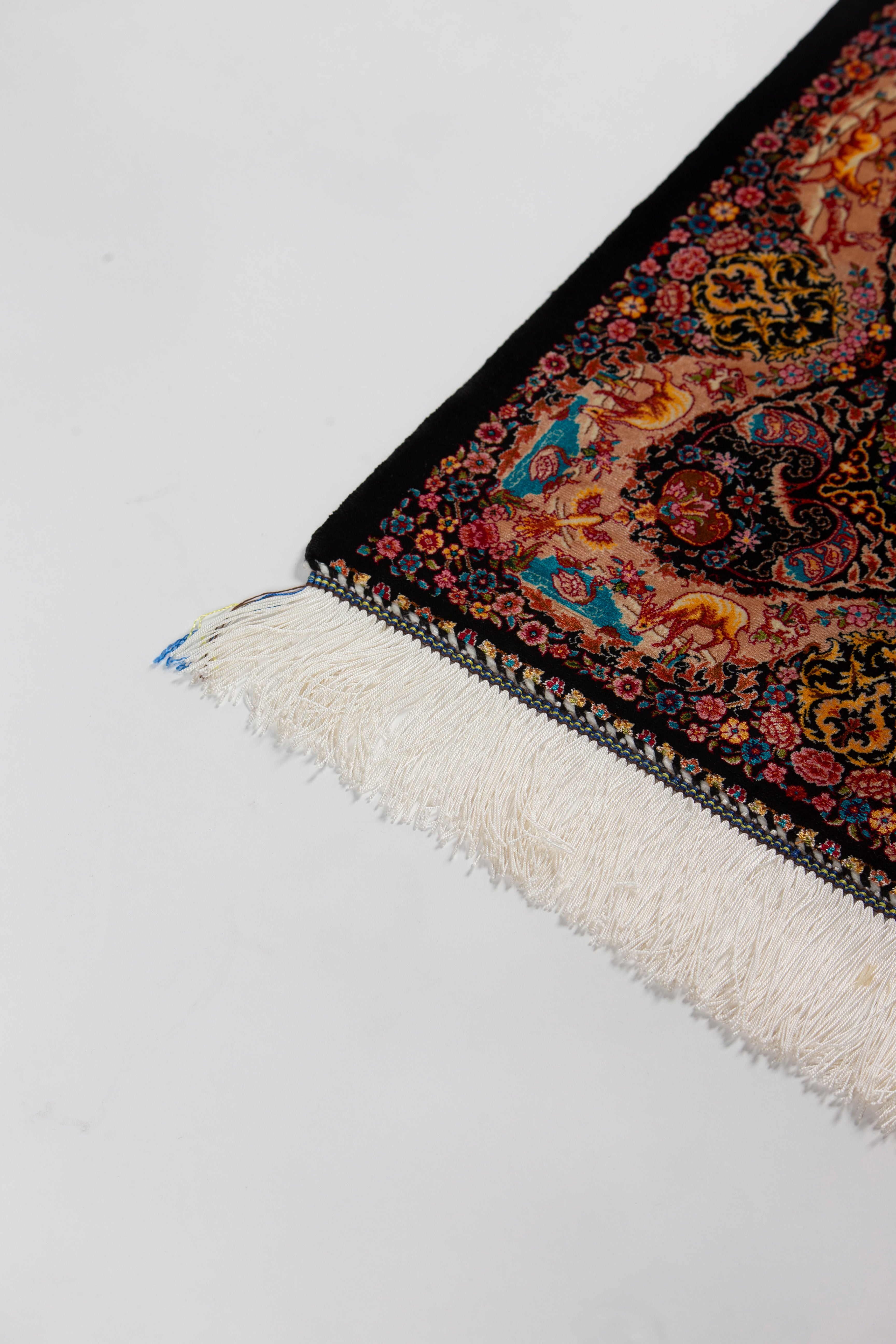 Silk pile detail of the Shirin hunting scene rug