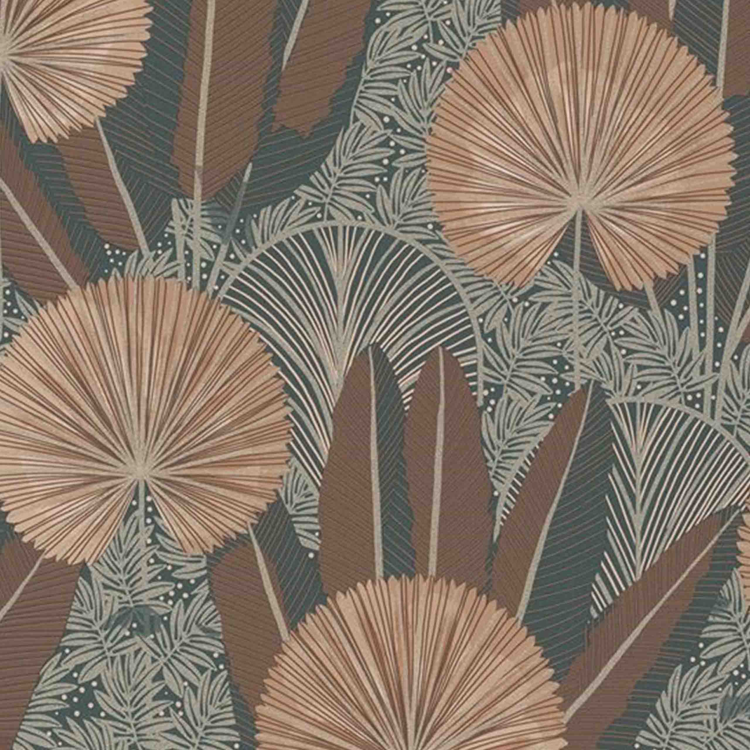 Close-up view of botanical wallpaper with intricate palm leaf patterns in brown and orange tones.