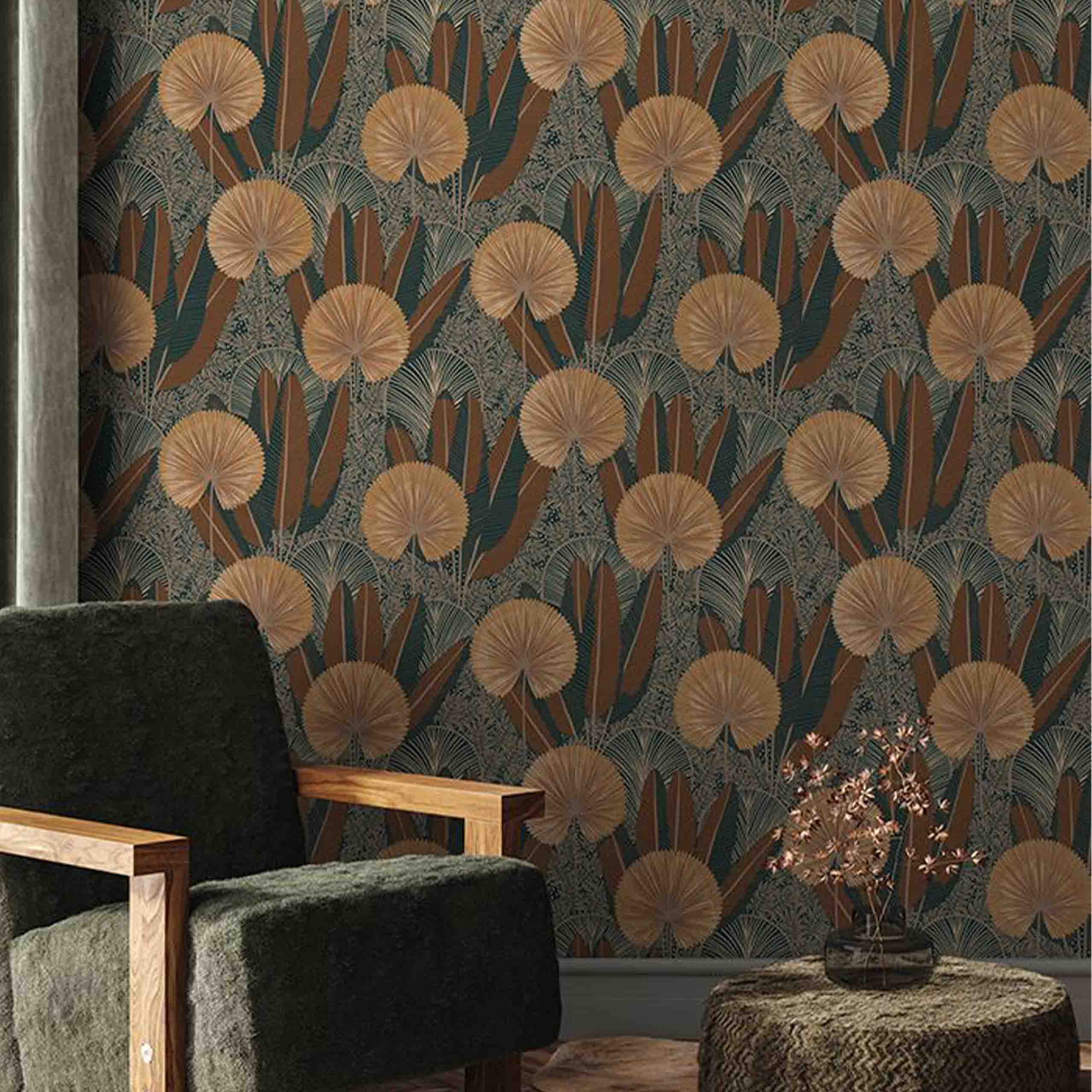 Elegant botanical wallpaper in shades of brown and orange, showcased in a modern living room setting.