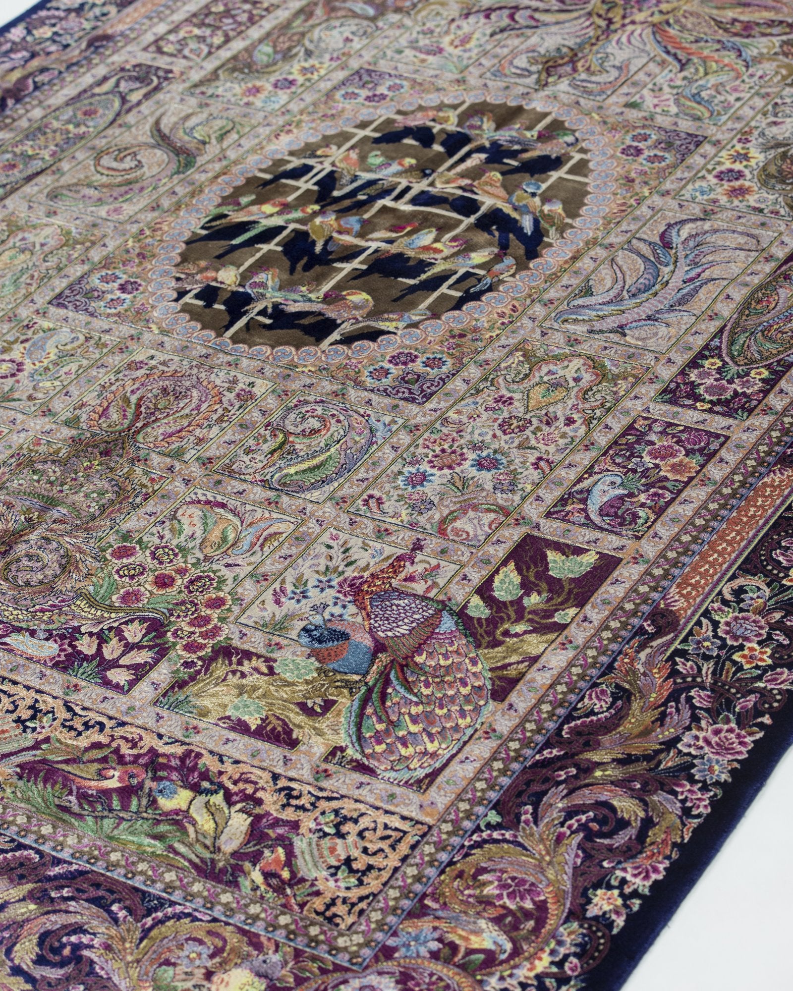 Simorgh Persian silk and wool carpet medallion close-up, ivory 225x150 cm - Tabeer Homes Dubai