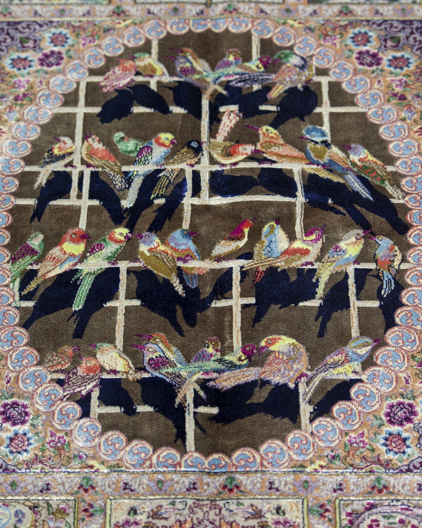 Simorgh Persian silk and wool carpet corner and fringe detail, ivory 225x150 cm - Tabeer Homes Dubai