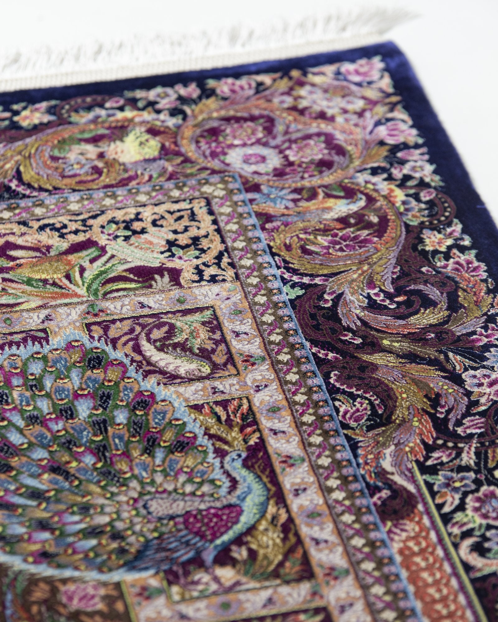 Simorgh Persian silk and wool carpet full angled view, ivory 225x150 cm - Tabeer Homes Dubai