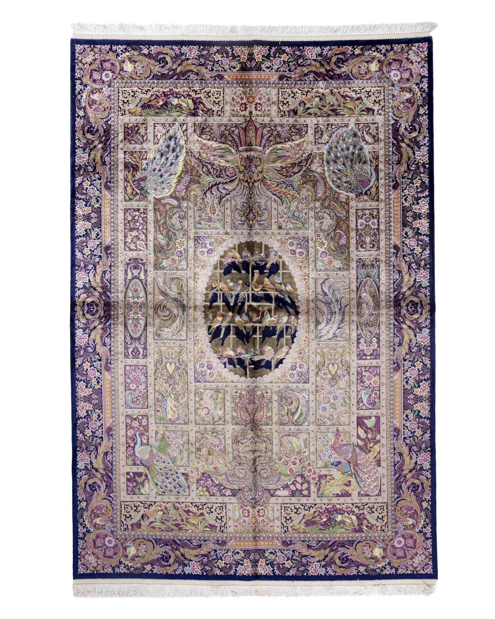 Simorgh Persian silk and wool carpet 225x150 cm in ivory, full overhead view - Tabeer Homes Dubai