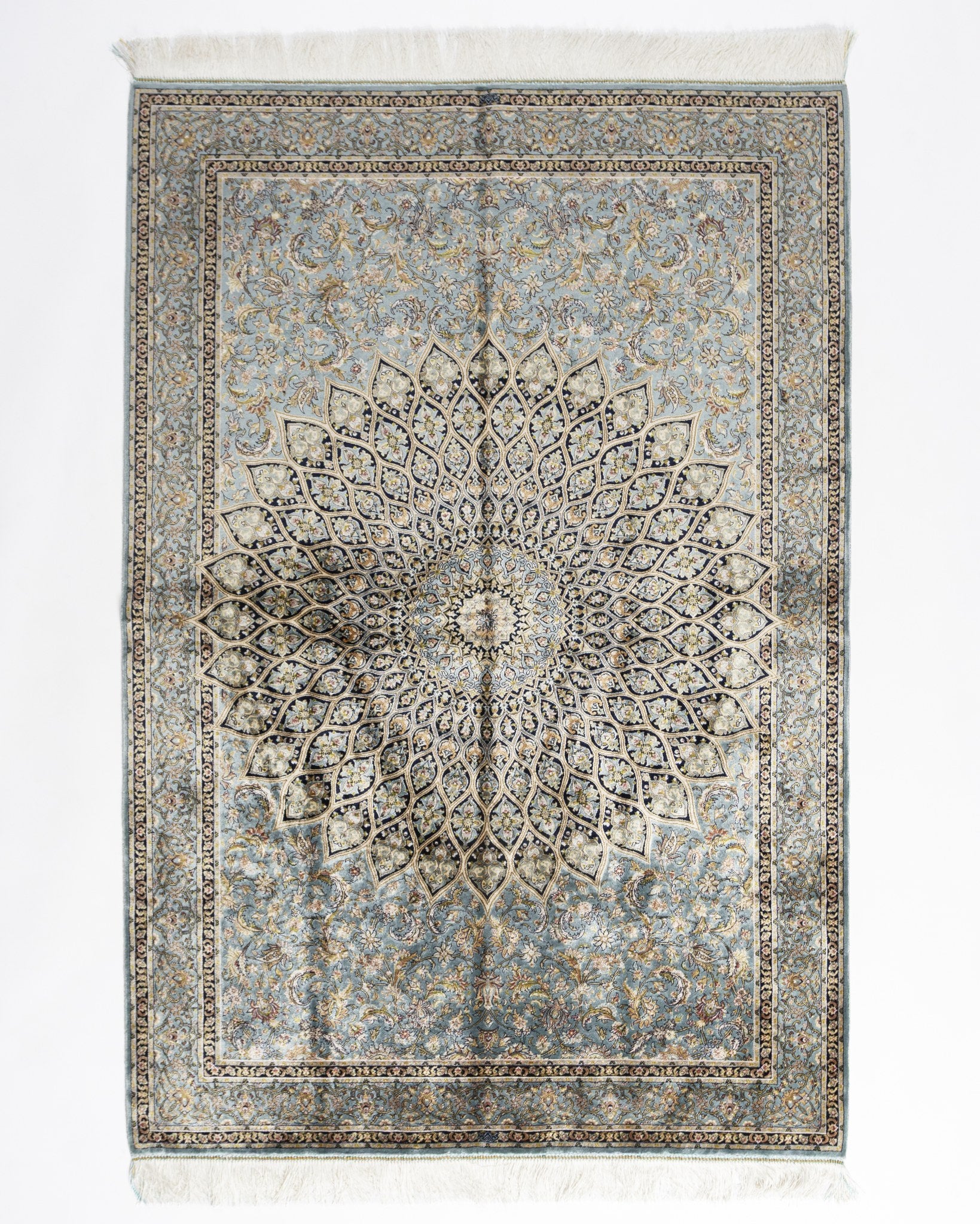 Sitareh sage grey silk rug 150 x 100 cms with a star medallion