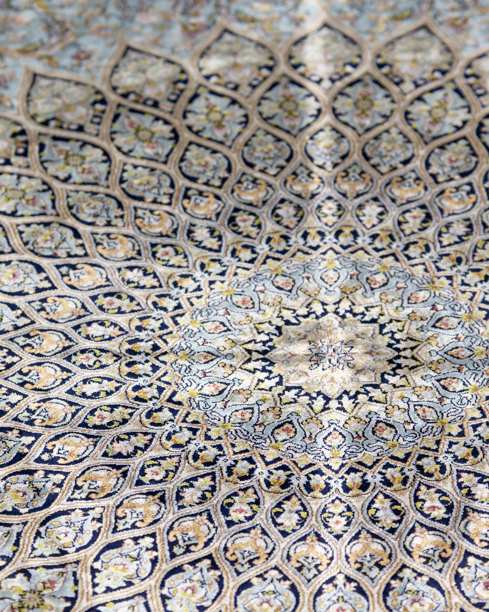 Sitareh silk rug field detail in sage grey