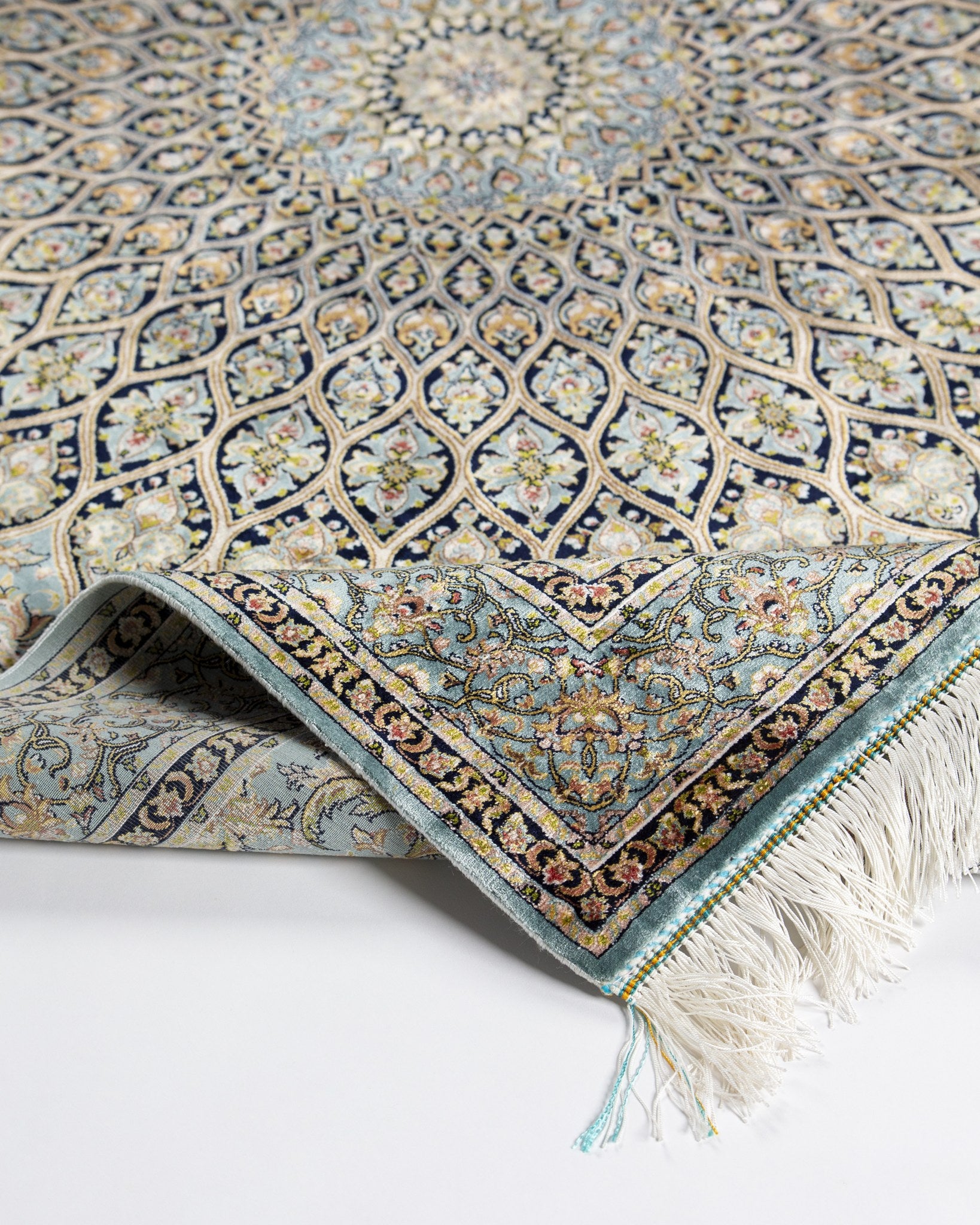 Sitareh silk rug border and field detail