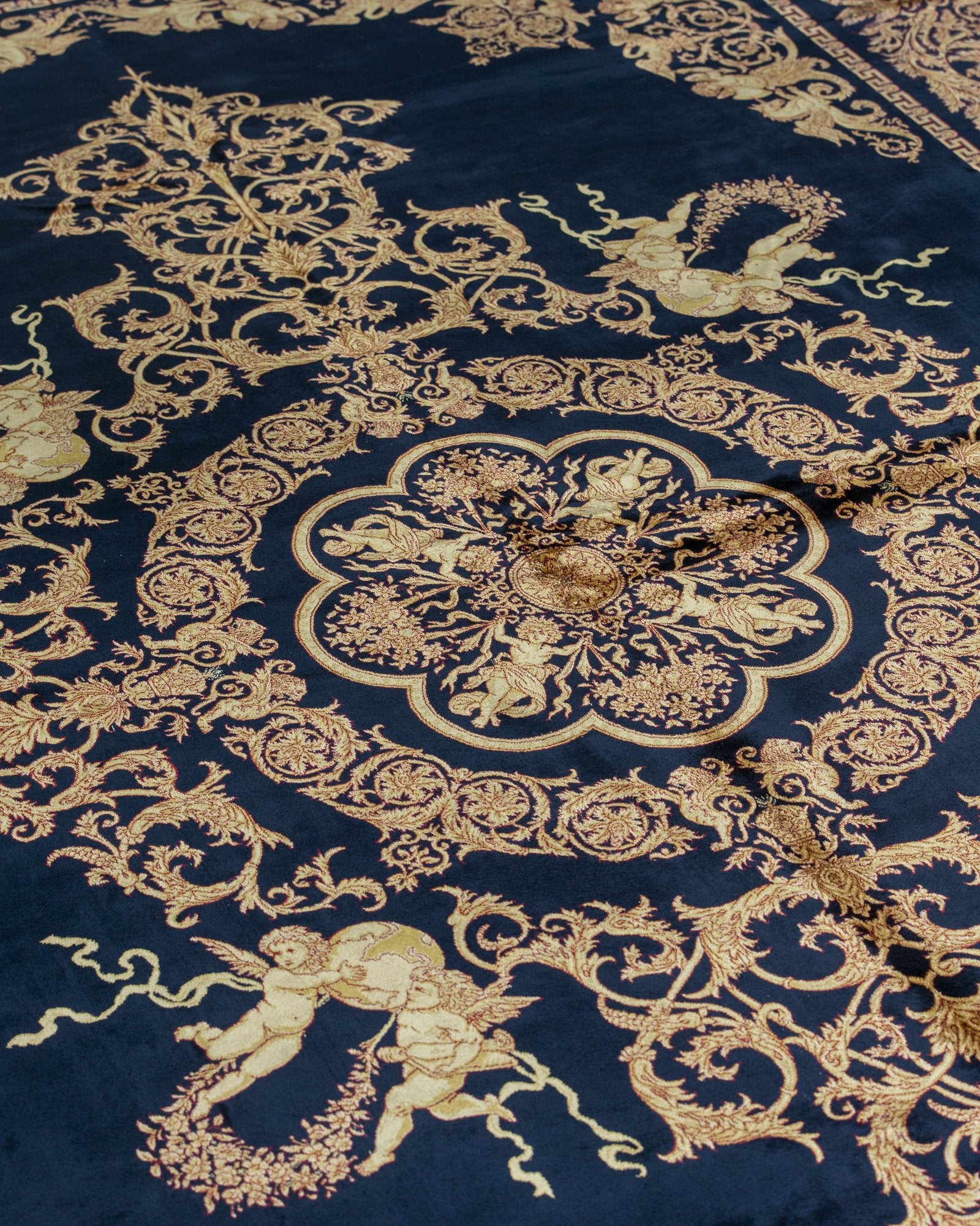 Sohrab Persian silk carpet design detail in navy and gold, 200 x 300 cm - Tabeer Homes Dubai