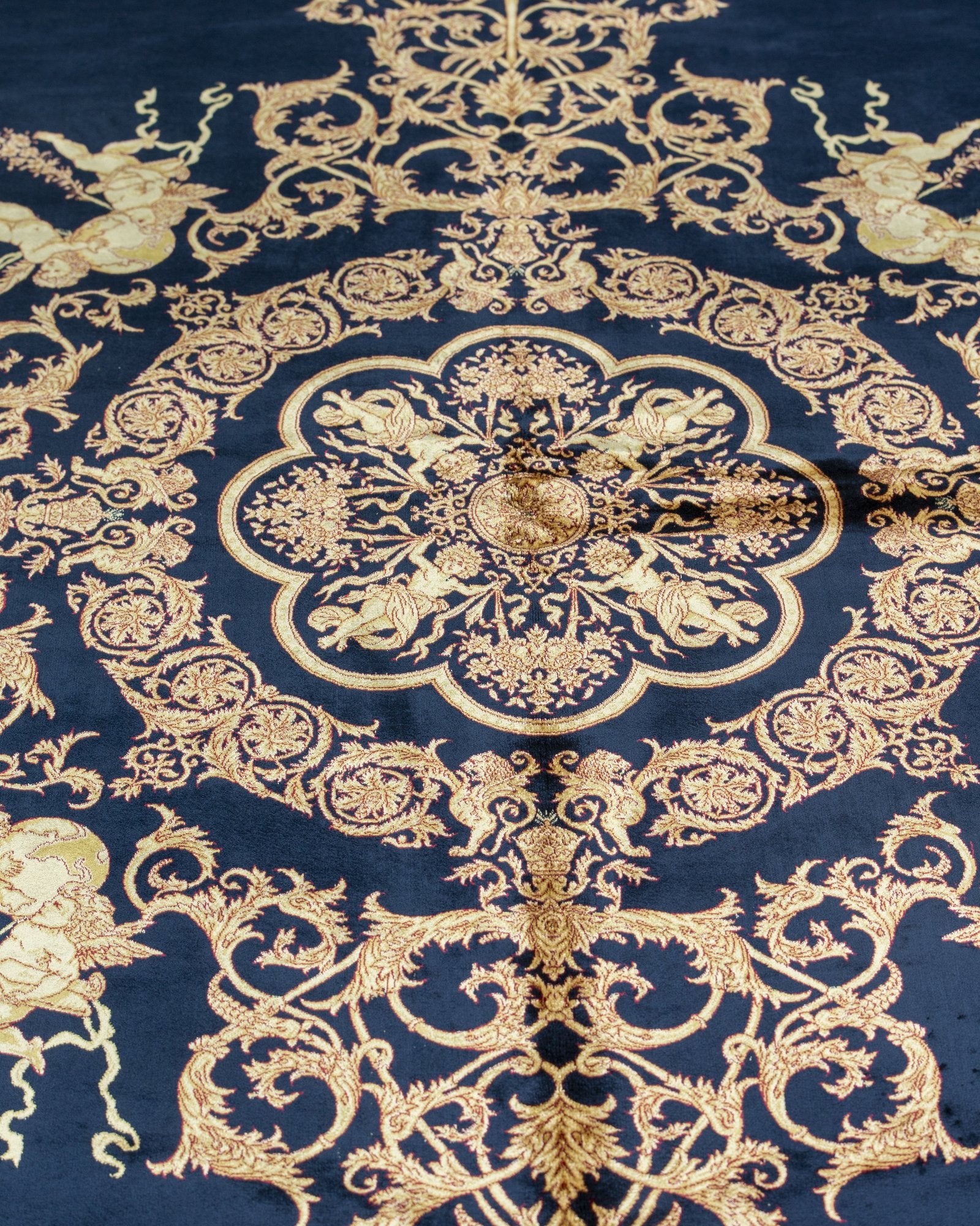 Sohrab Persian silk rug centre medallion close-up, navy and gold 200 x 300 cm - Tabeer Homes Dubai