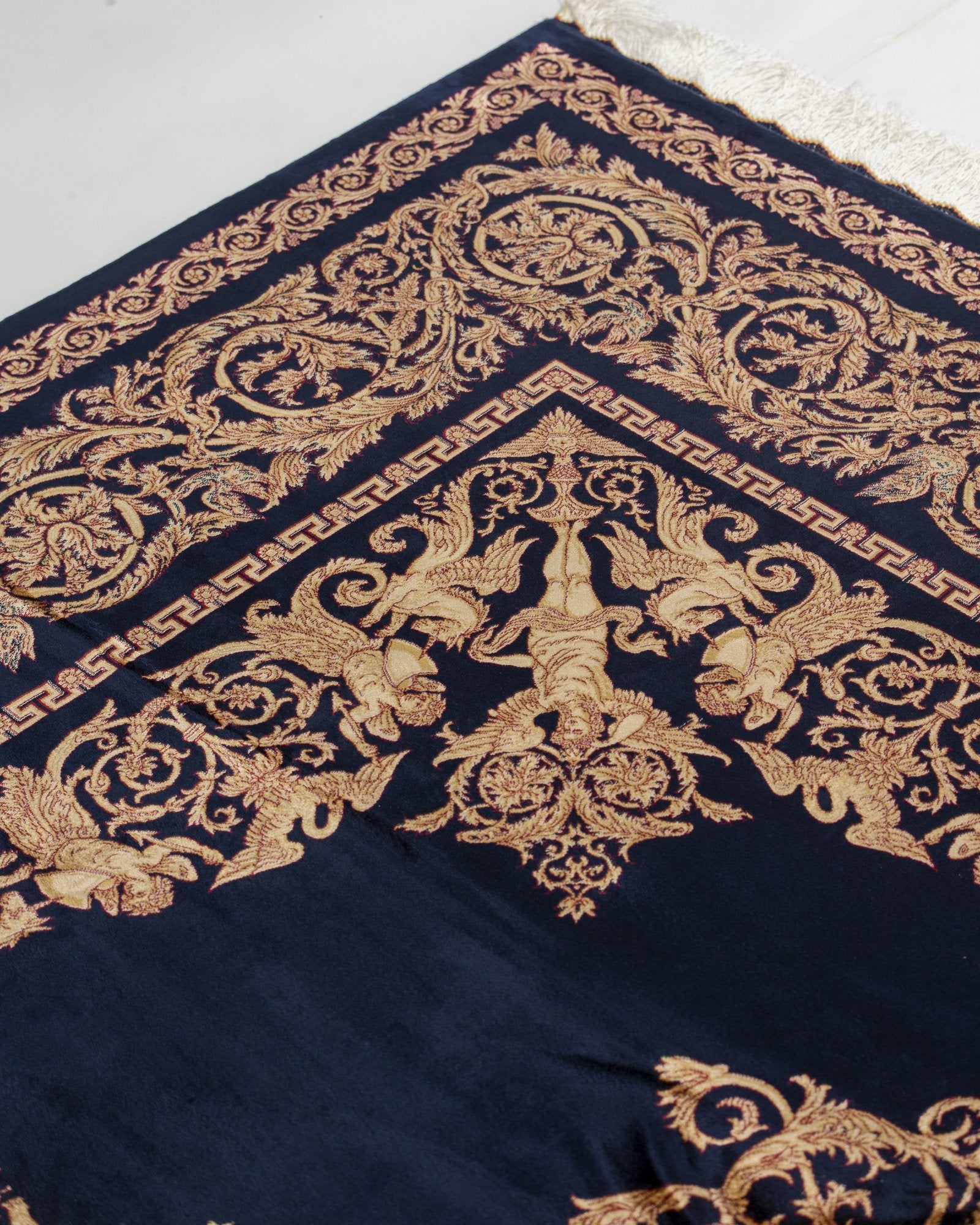 Sohrab Persian silk rug pile texture and sheen, navy and gold 200 x 300 cm - Tabeer Homes Dubai