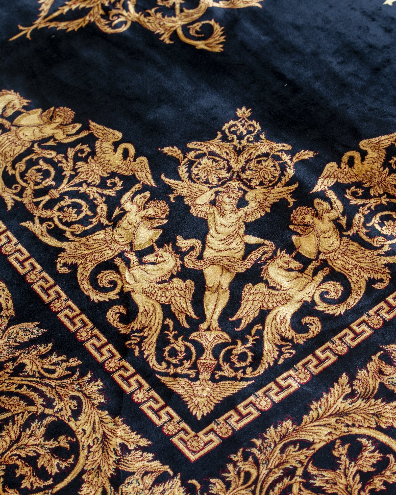 Sohrab silk carpet angled view showing navy and gold tones, 200 x 300 cm - Tabeer Homes Dubai