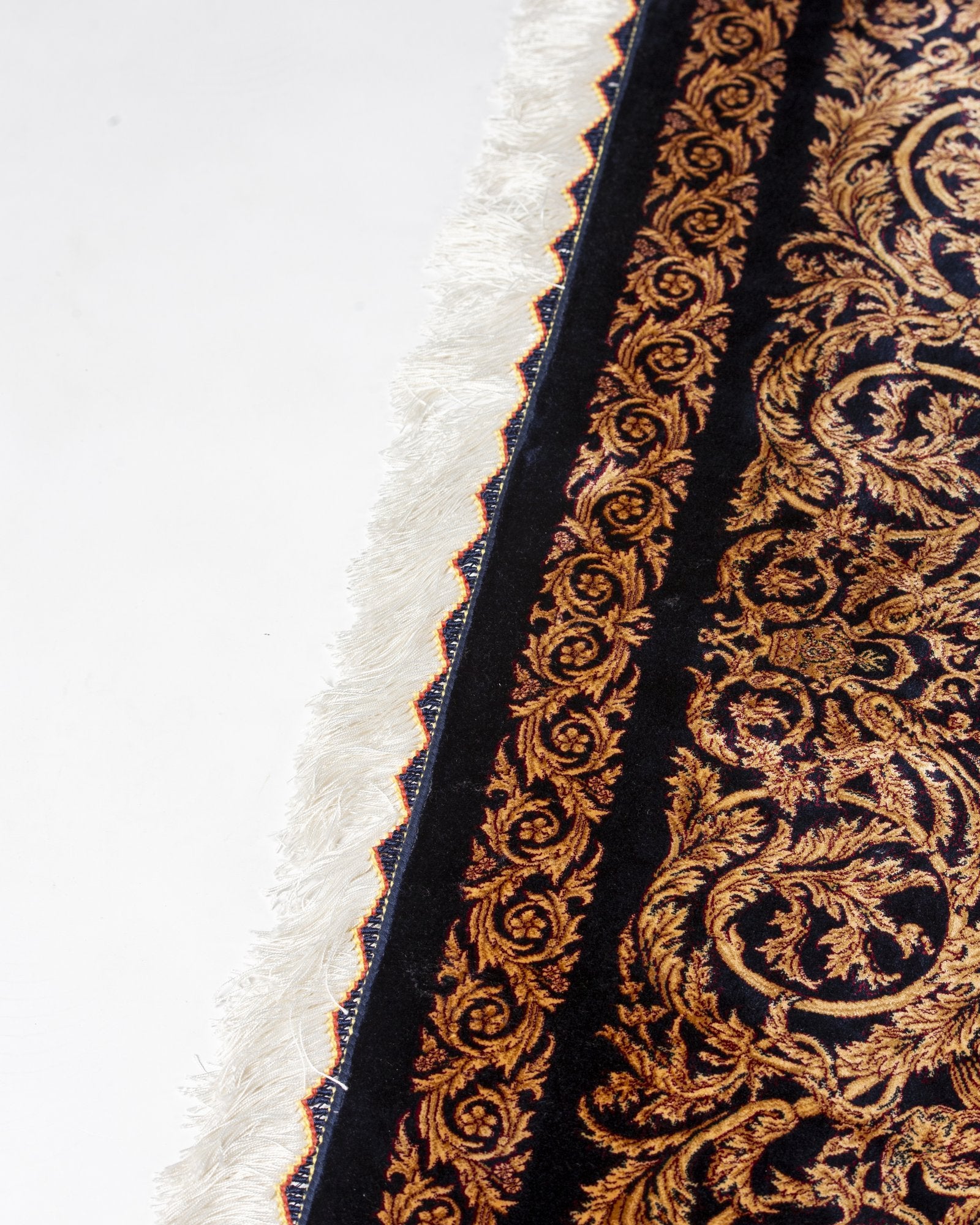 Sohrab Persian silk rug fringe and selvedge detail, navy and gold 200 x 300 cm - Tabeer Homes Dubai