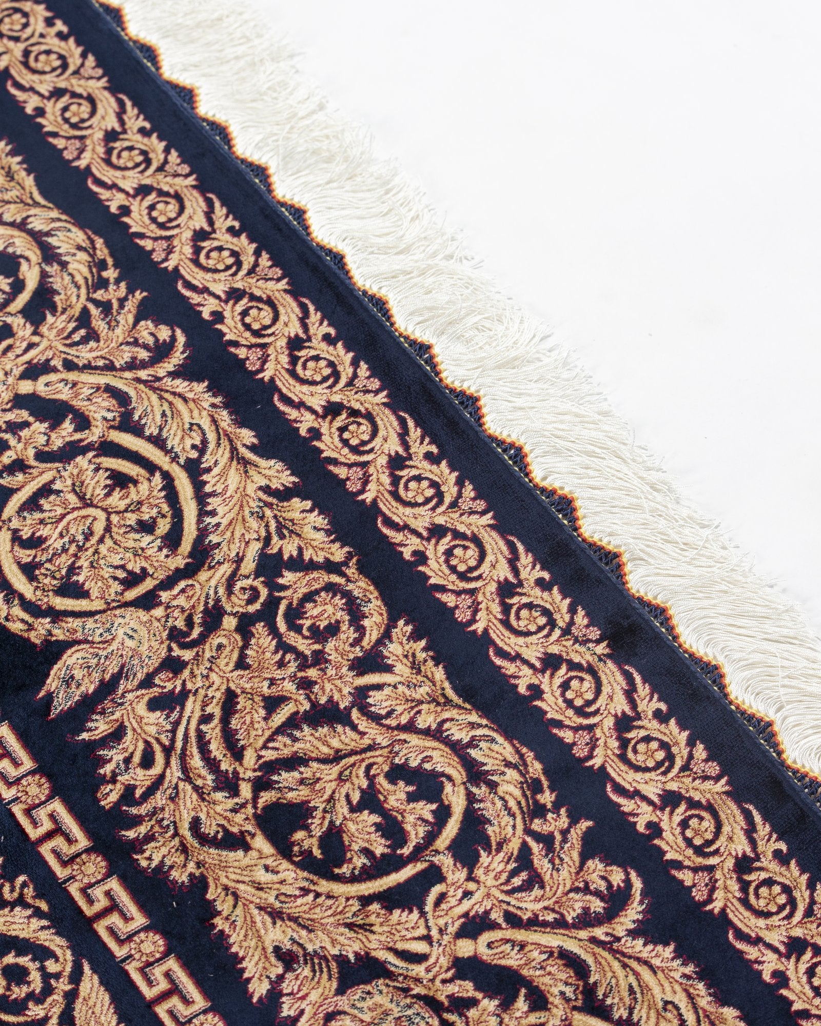 Sohrab silk carpet floral motif close-up in navy and gold, 200 x 300 cm - Tabeer Homes Dubai