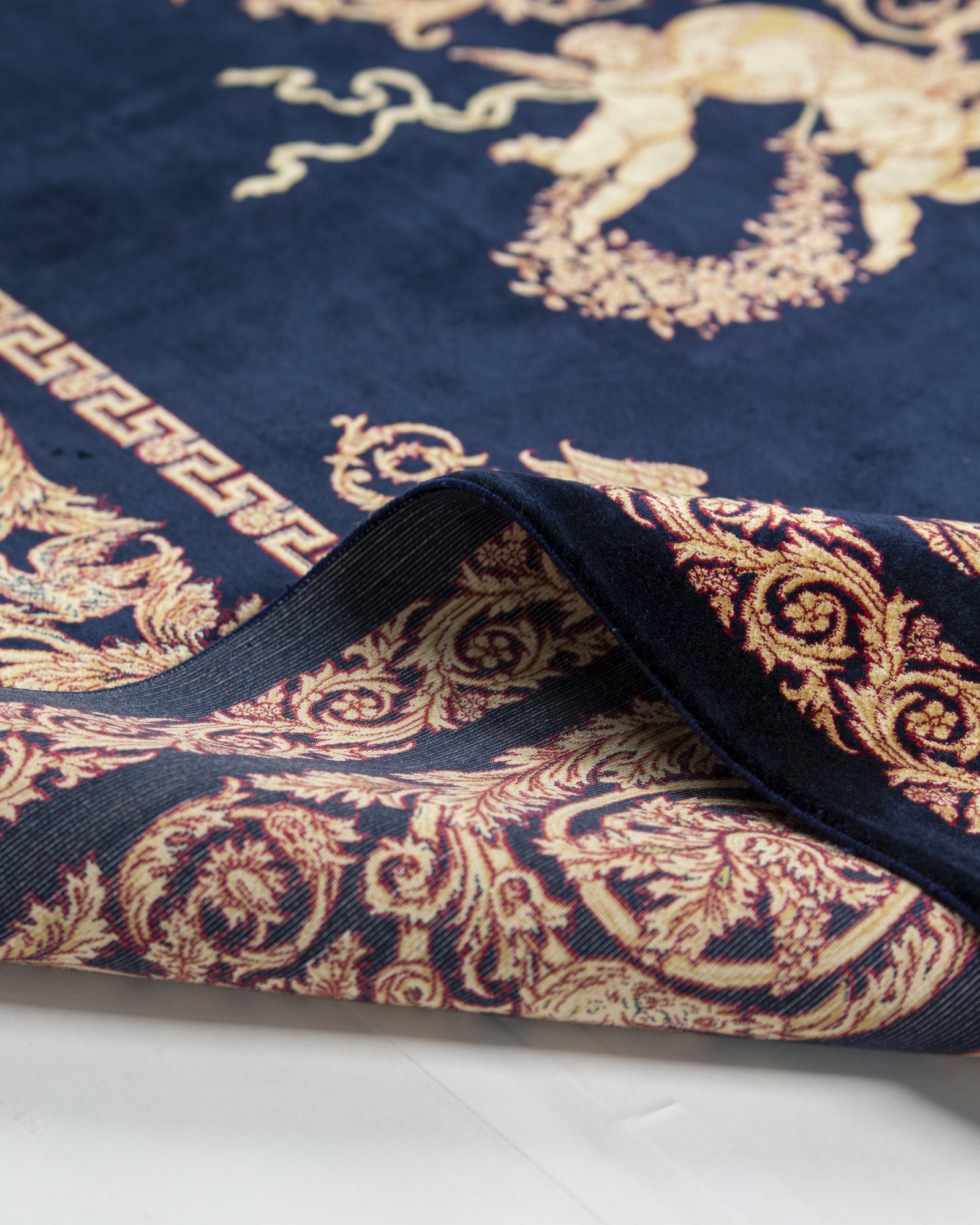 Sohrab Persian silk rug edge binding and back detail, navy and gold 200 x 300 cm - Tabeer Homes Dubai