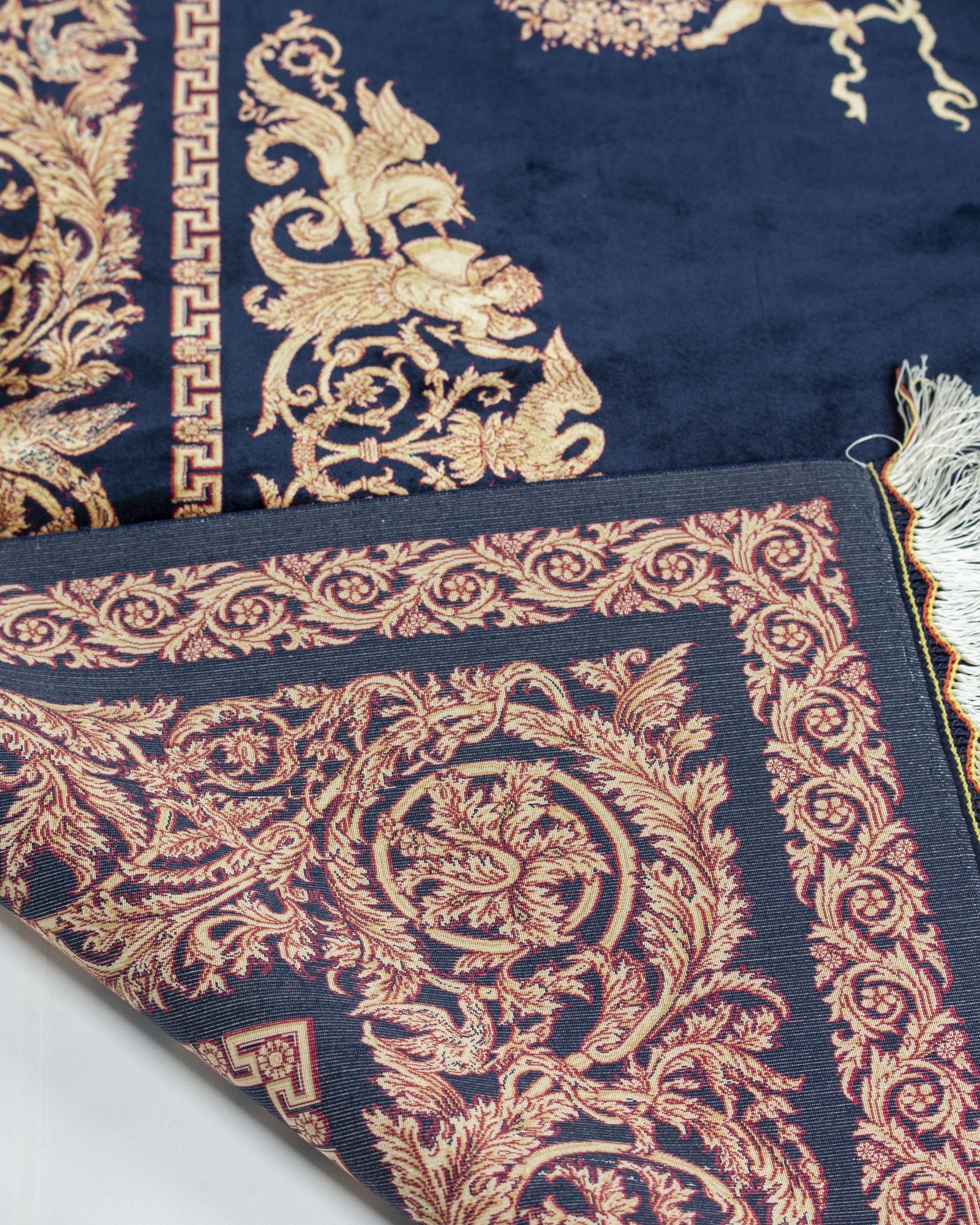 Sohrab silk carpet spandrel and guard border in navy and gold, 200 x 300 cm - Tabeer Homes Dubai