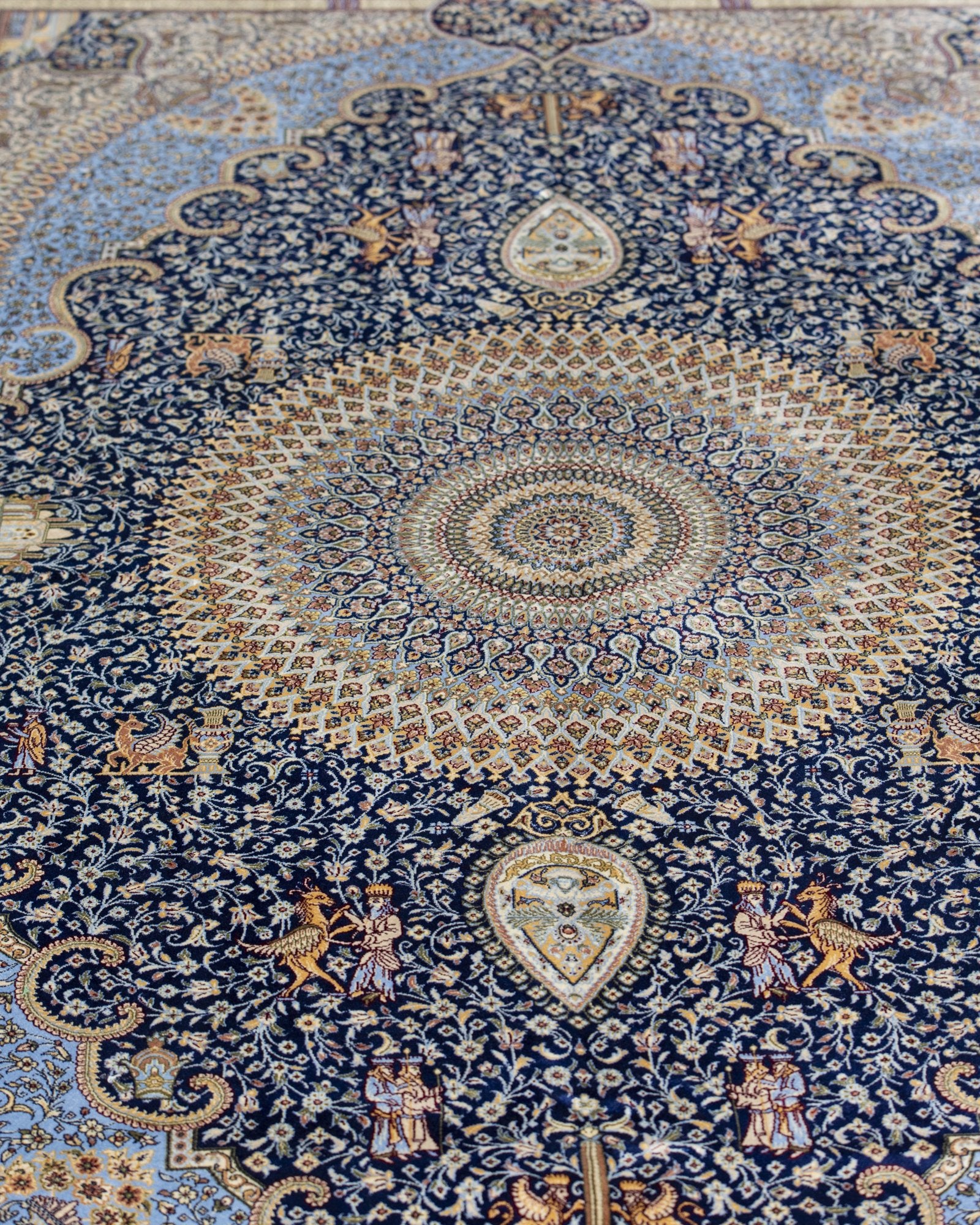 Soraya Persian silk carpet design detail, navy 225x150 cm - Tabeer Homes Dubai