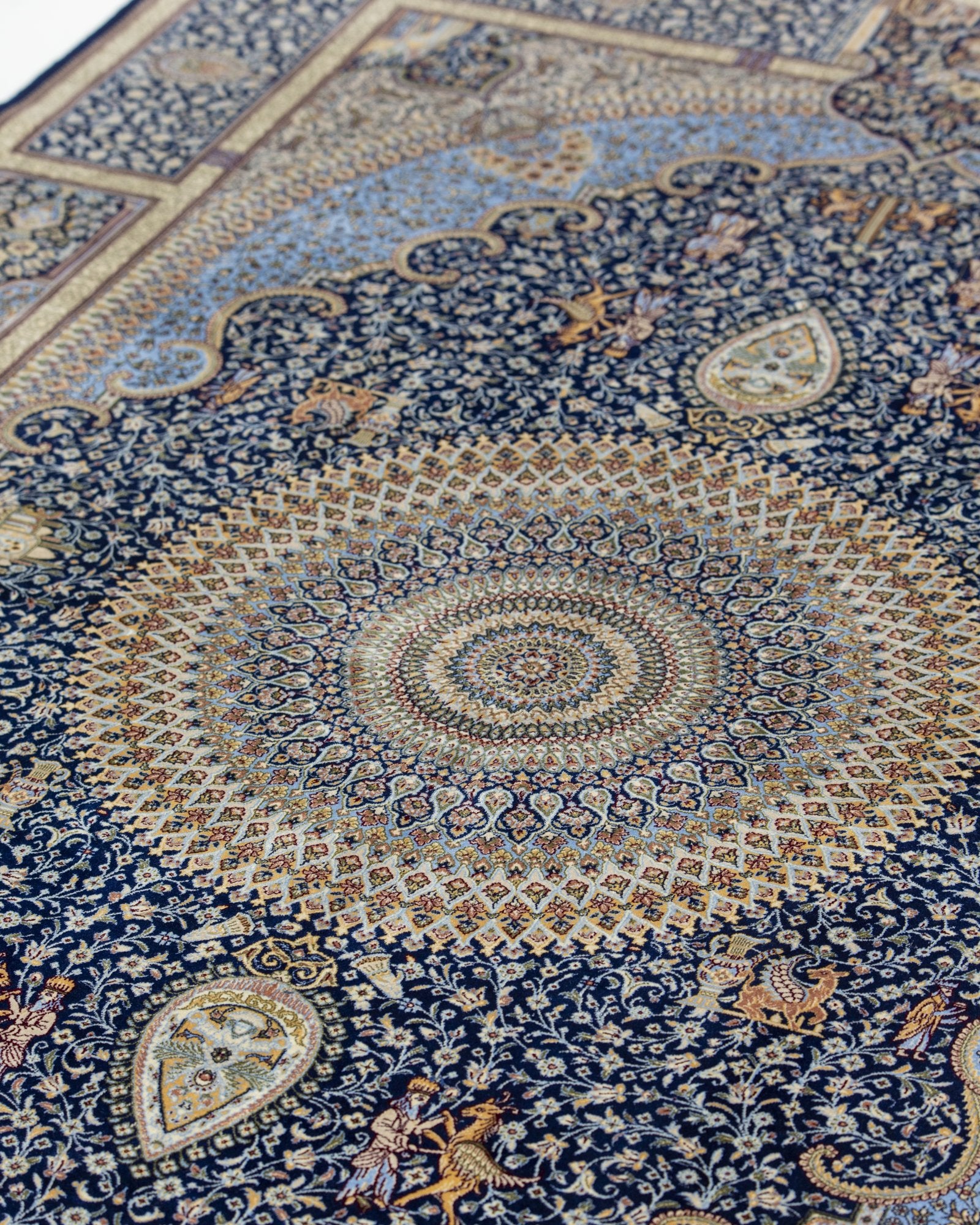 Soraya Persian silk carpet medallion close-up, navy 225x150 cm - Tabeer Homes Dubai