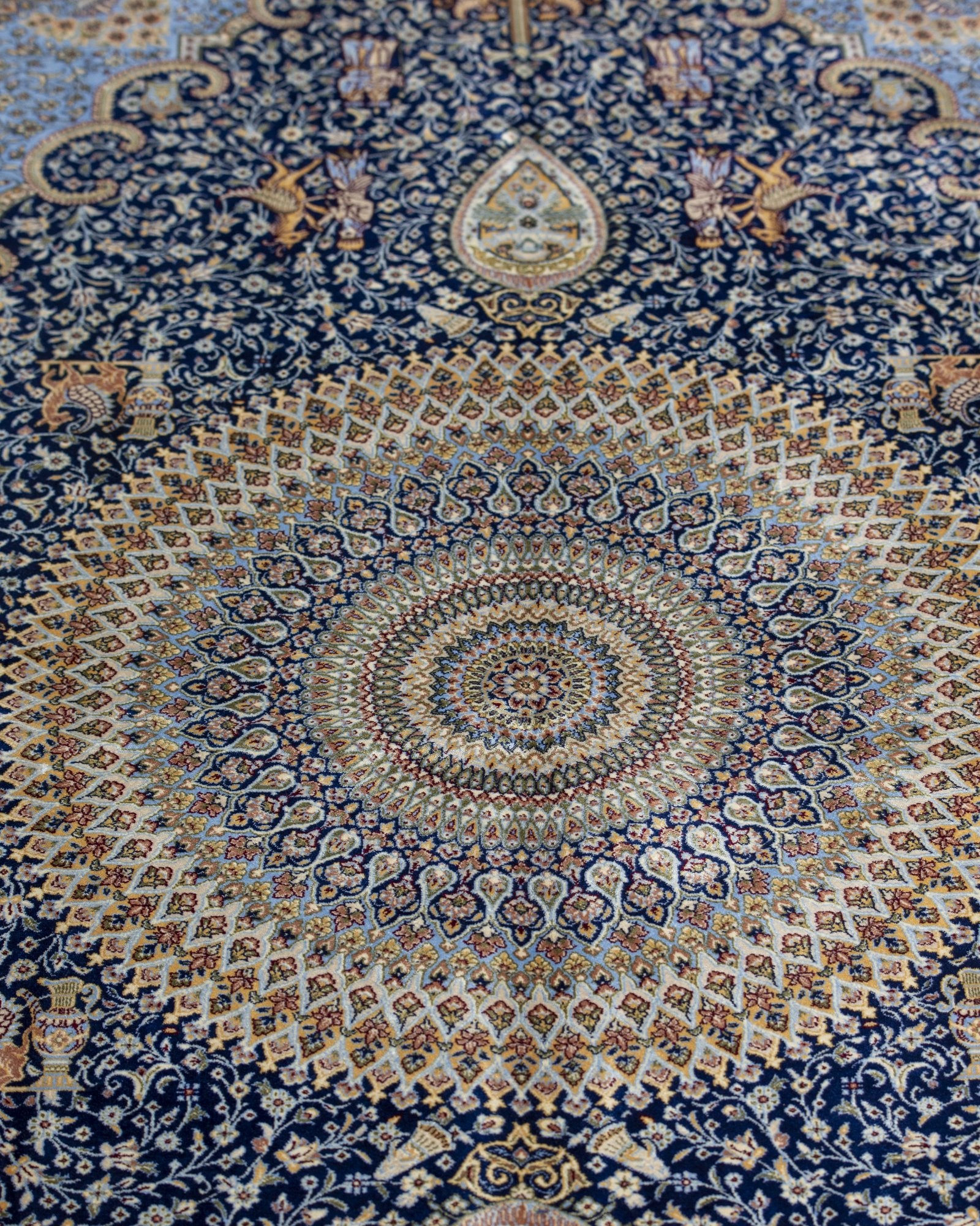 Soraya Persian silk carpet border and pattern detail, navy 225x150 cm - Tabeer Homes Dubai