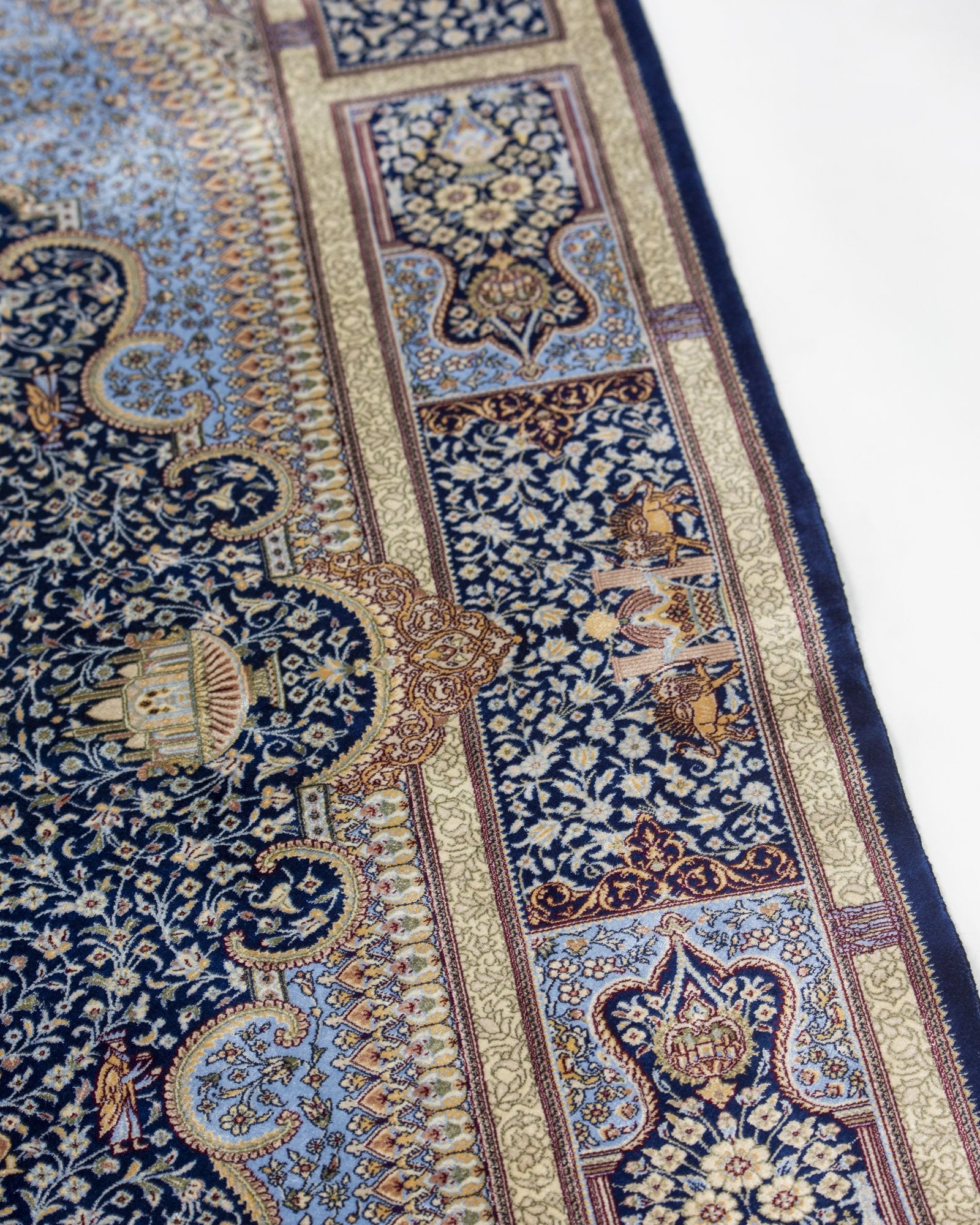 Soraya Persian silk carpet corner and fringe detail, navy 225x150 cm - Tabeer Homes Dubai