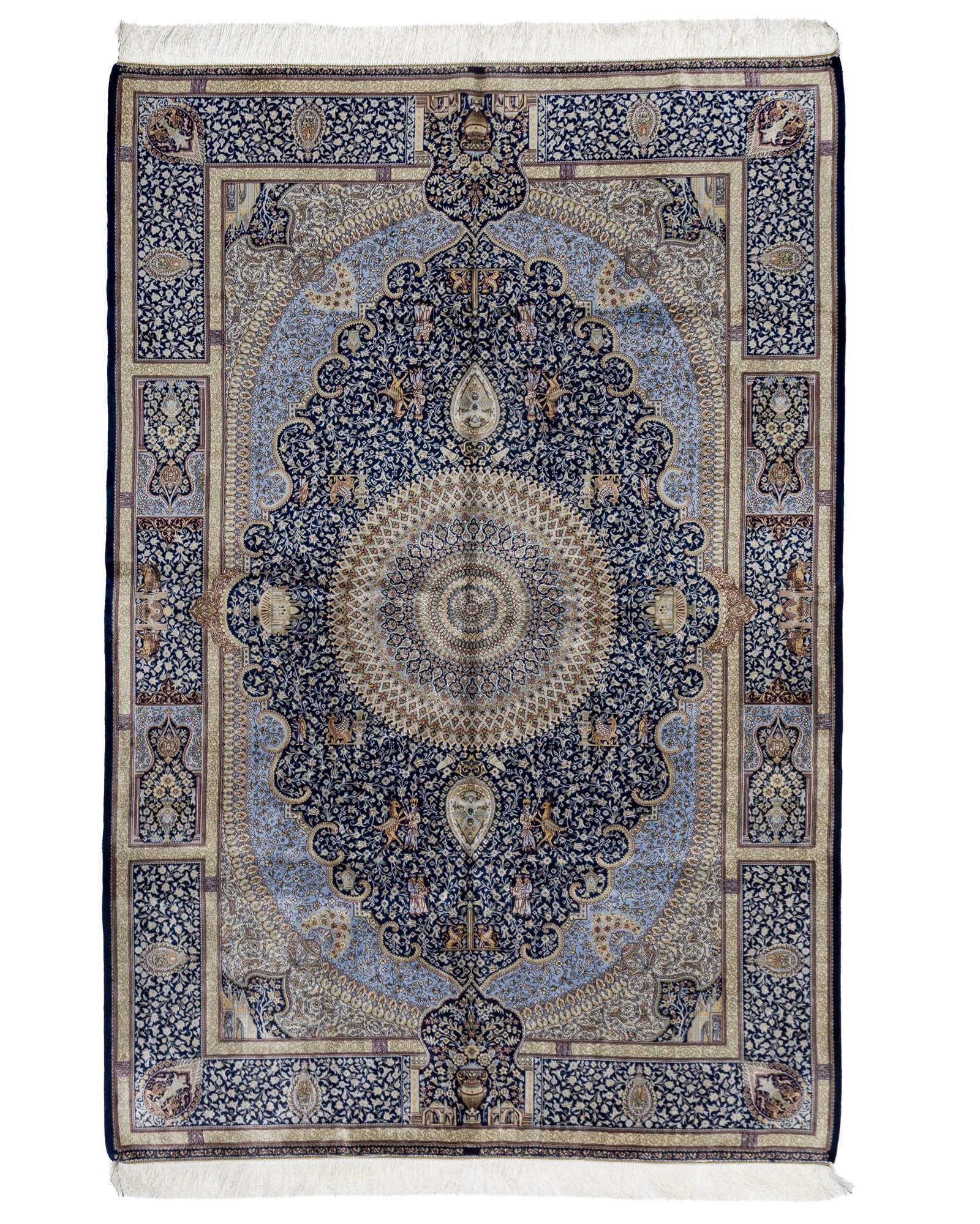 Soraya Persian silk carpet 225x150 cm in navy, full overhead view - Tabeer Homes Dubai