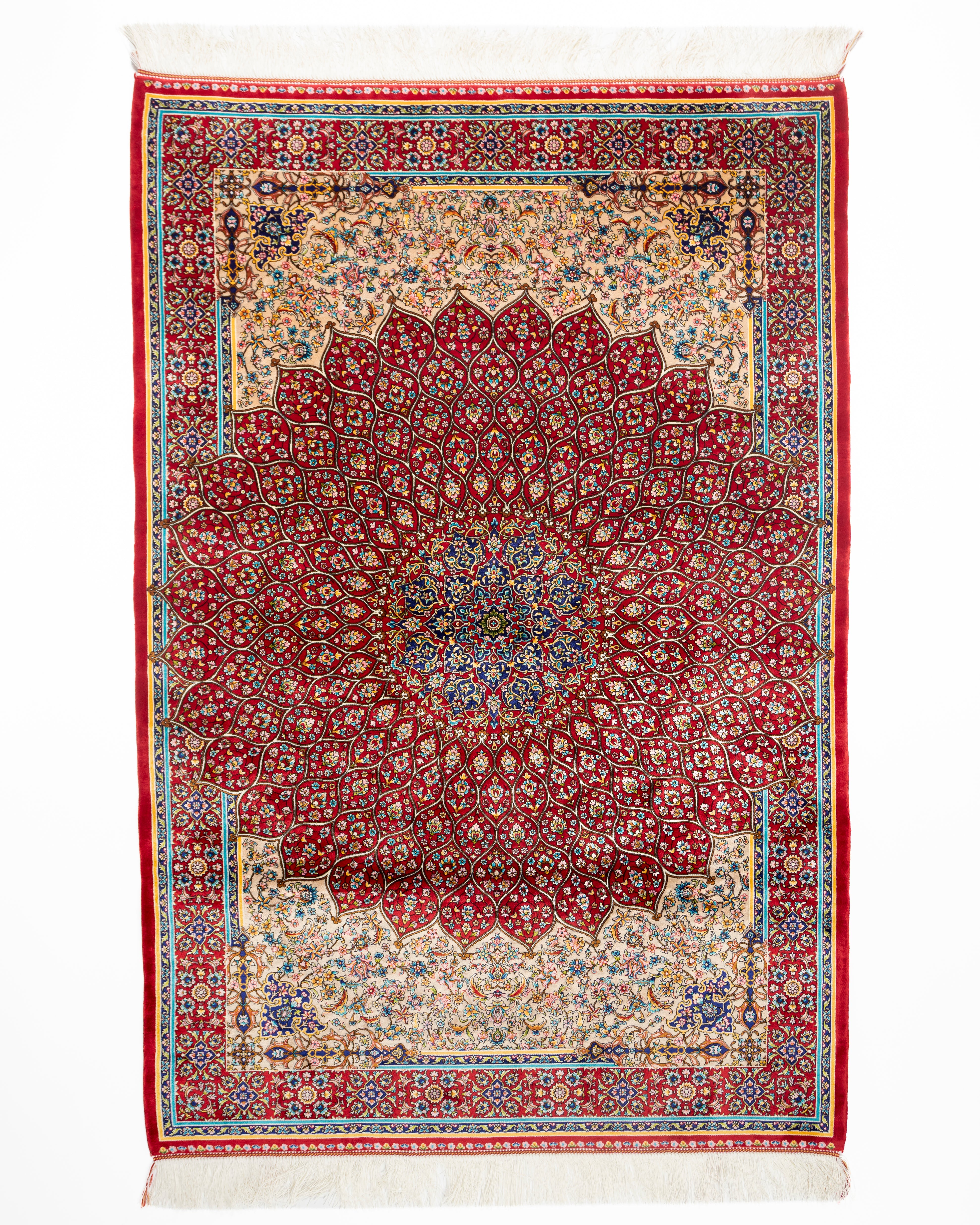 Soraya red silk rug with a Persian medallion design, full view