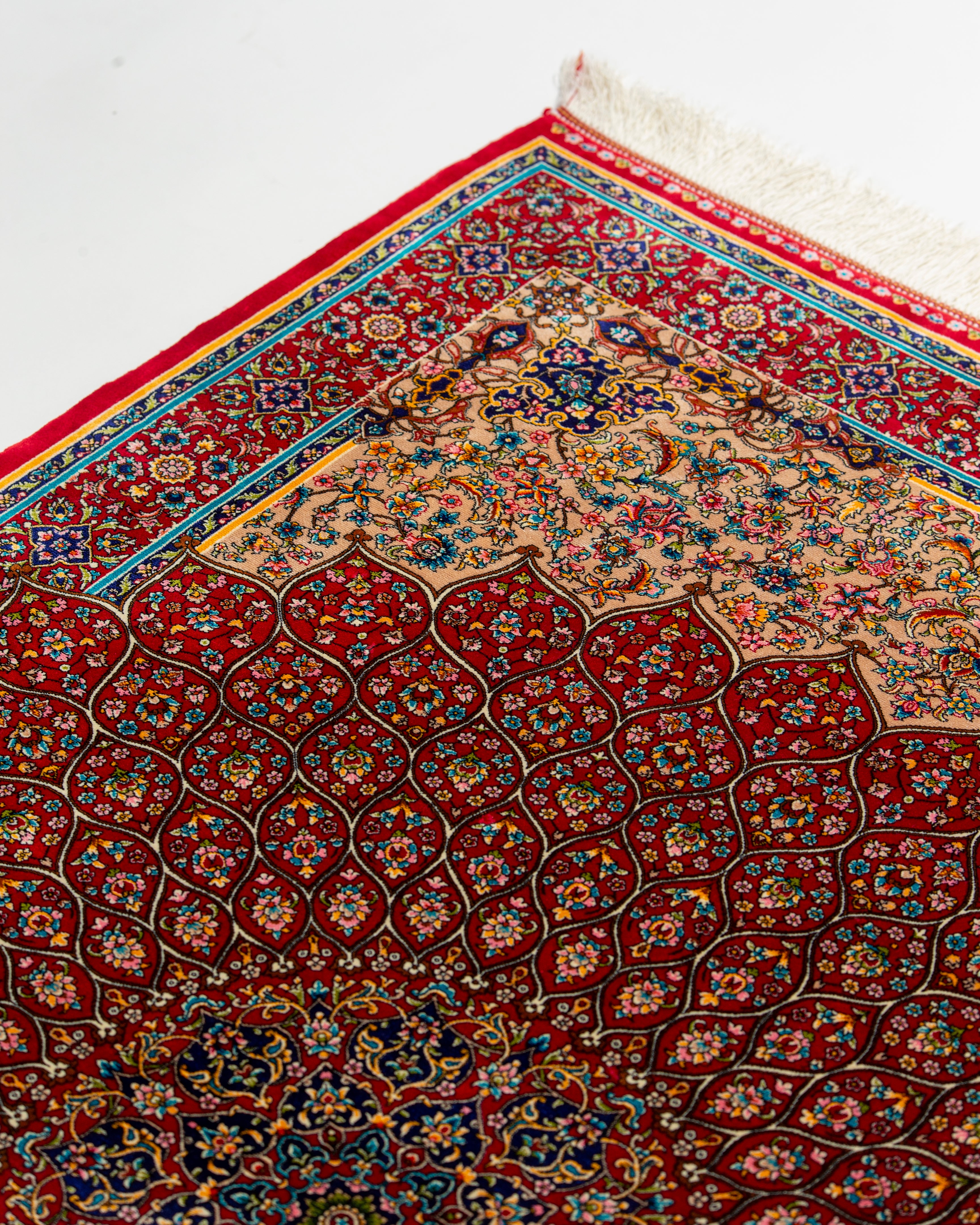 Silk pile pattern detail of the Soraya red rug
