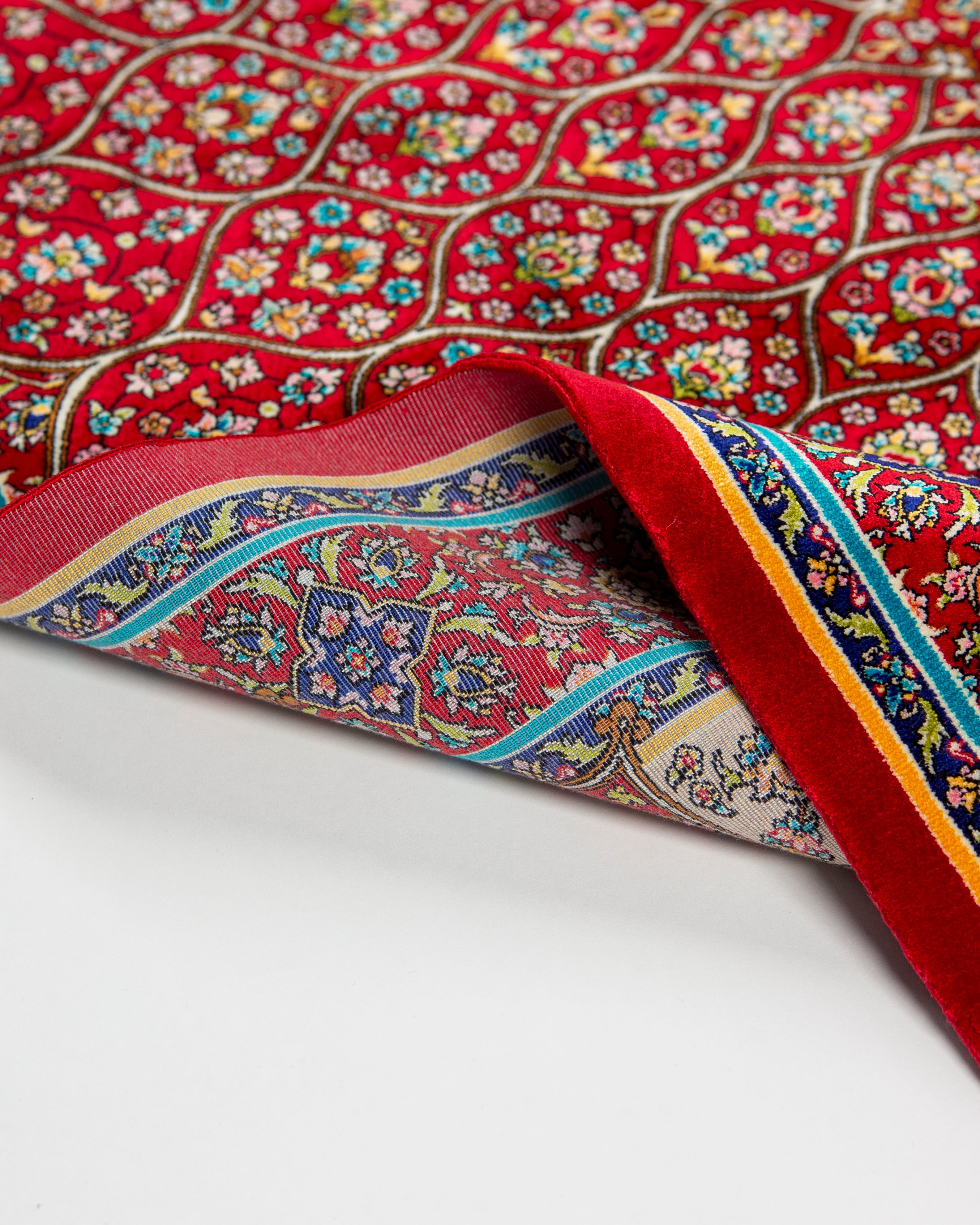 Reverse of the Soraya silk rug showing the fine silk weave