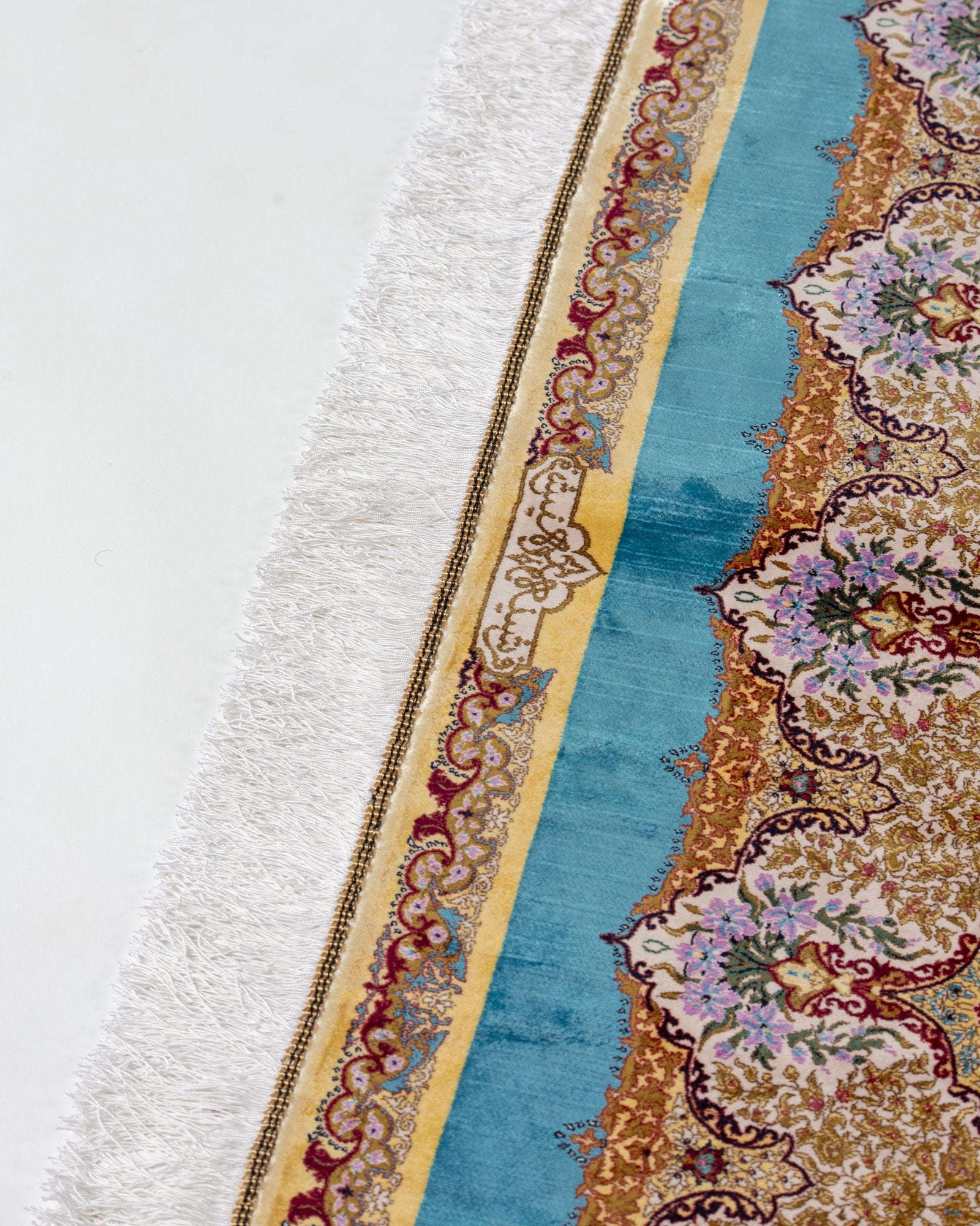 Thalia Persian silk carpet full angled view, teal 225x150 cm - Tabeer Homes Dubai