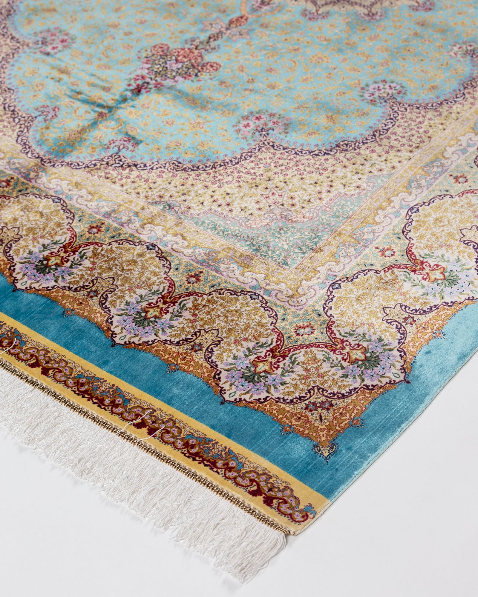 Thalia Persian silk carpet reverse and selvedge detail, teal 225x150 cm - Tabeer Homes Dubai