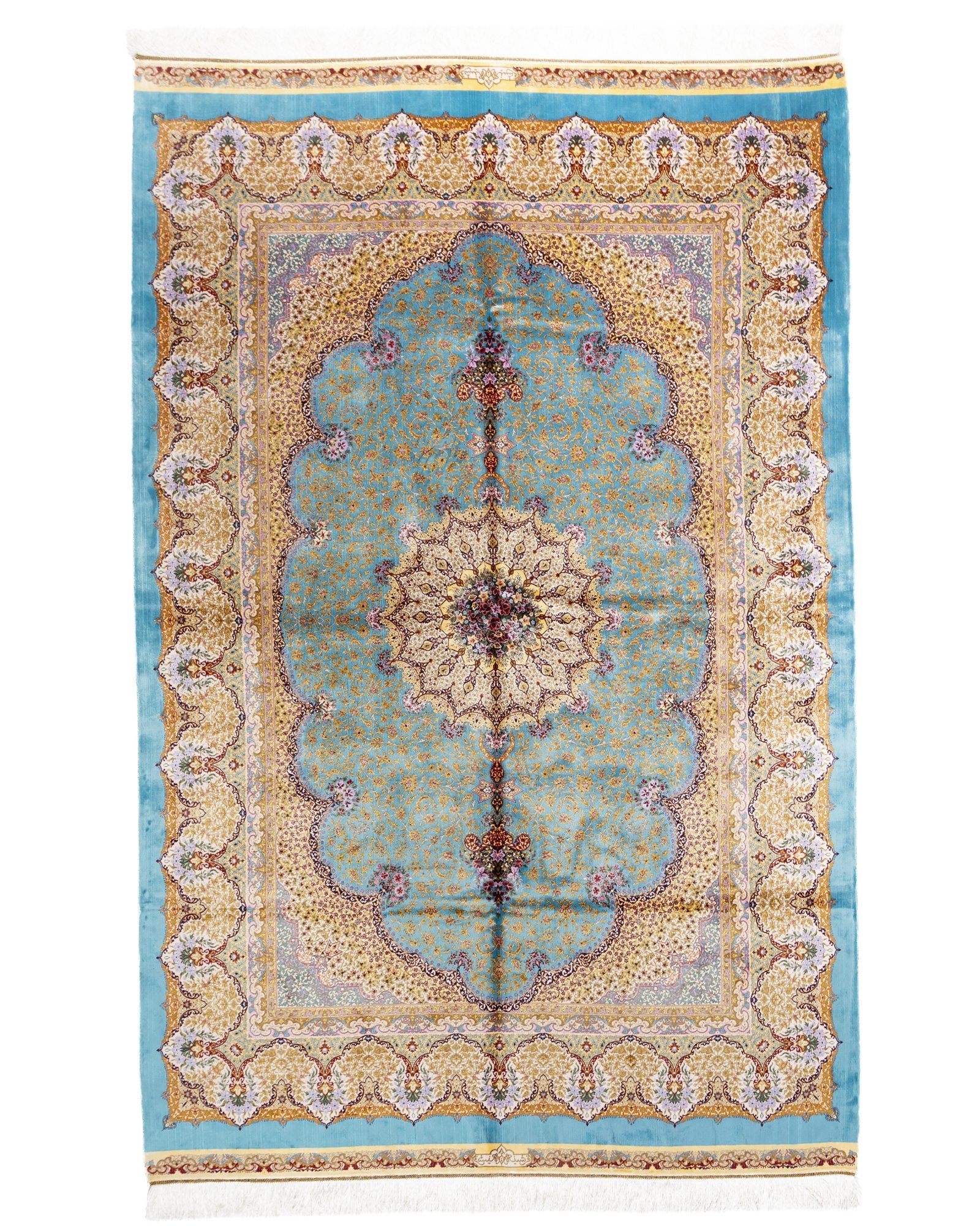 Thalia Persian silk carpet 225x150 cm in teal, full overhead view - Tabeer Homes Dubai