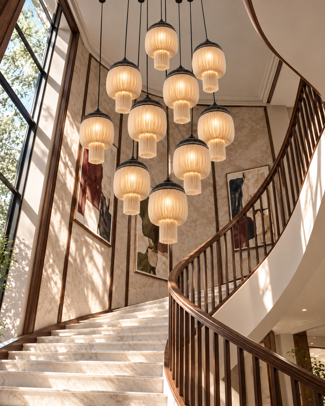 The Acorn Chandelier by The Qratist features ten sculptural outdoor rope pendants with stainless steel detailing suspended in a dramatic cascading composition.