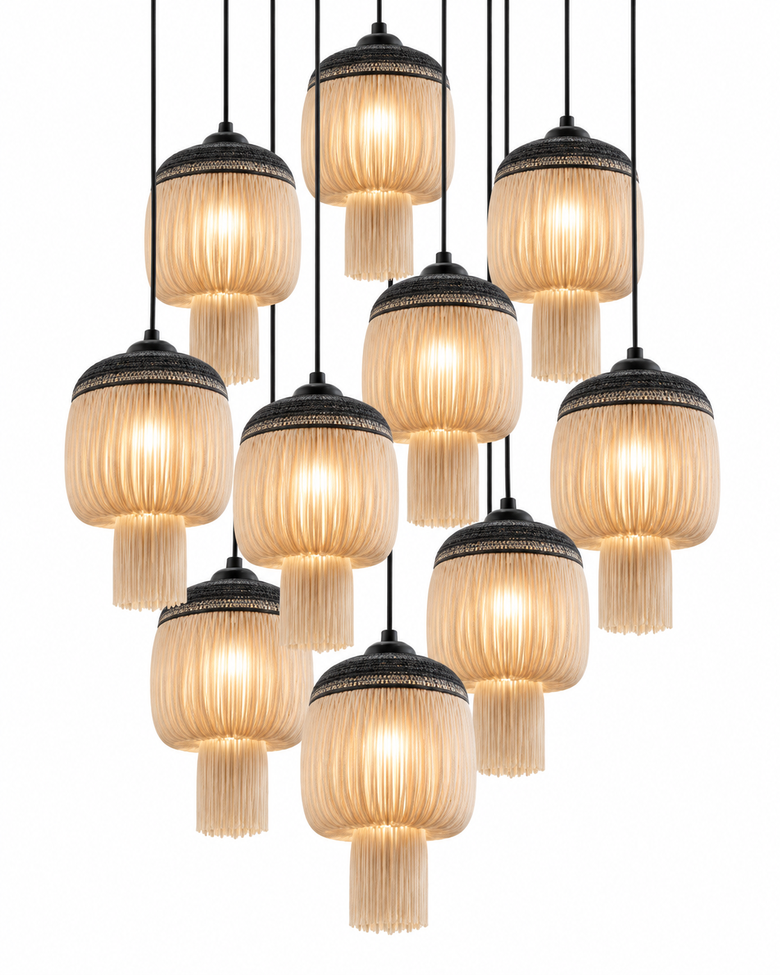 The Acorn Chandelier by The Qratist features ten sculptural outdoor rope pendants with stainless steel detailing suspended in a dramatic cascading composition.