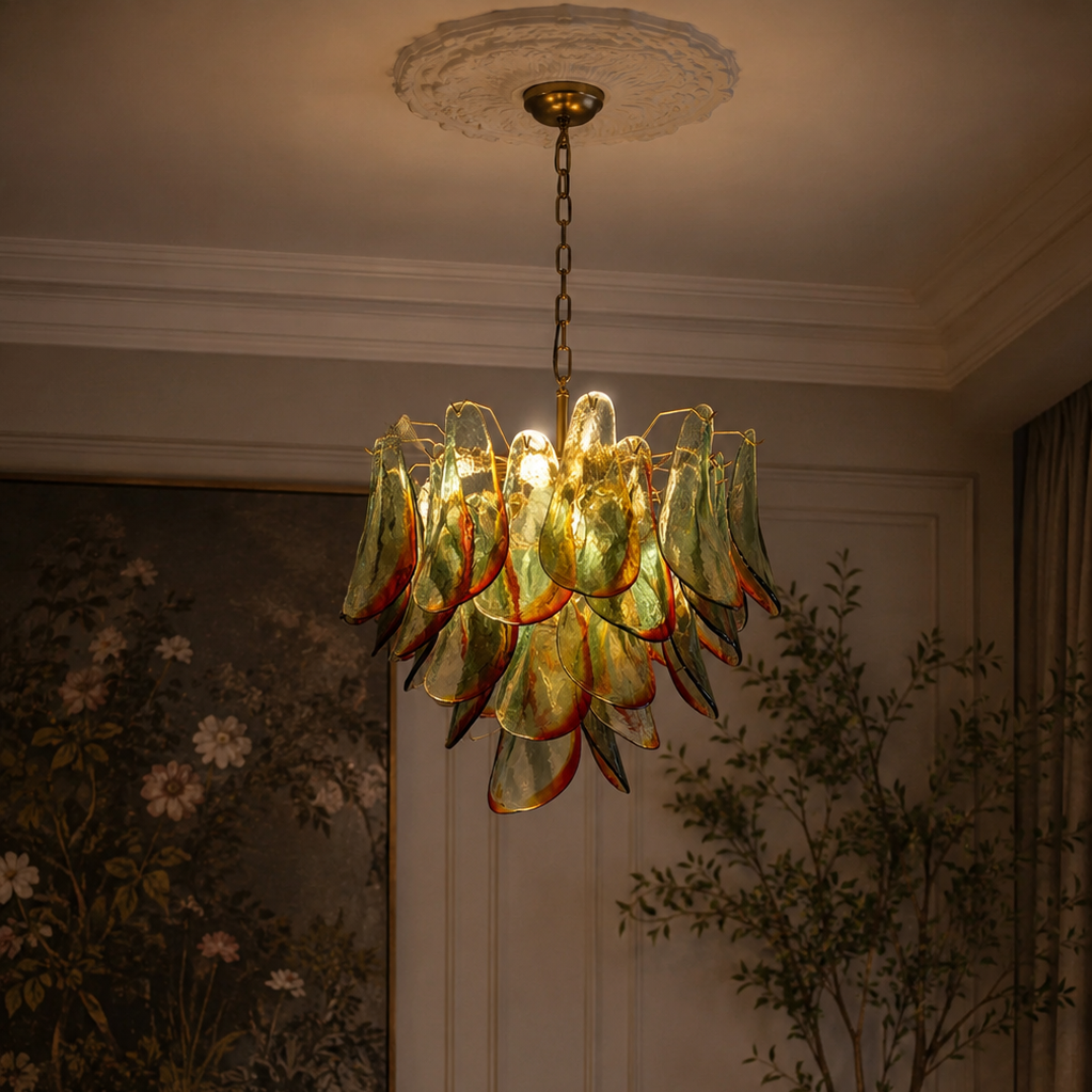 The Botanic Chandelier by The Qratist features handcrafted green and amber glass leaves layered around a refined metal frame, creating a sculptural botanical statement inspired by nature.
