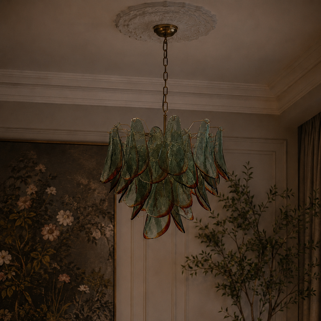 The Botanic Chandelier by The Qratist features handcrafted green and amber glass leaves layered around a refined metal frame, creating a sculptural botanical statement inspired by nature.