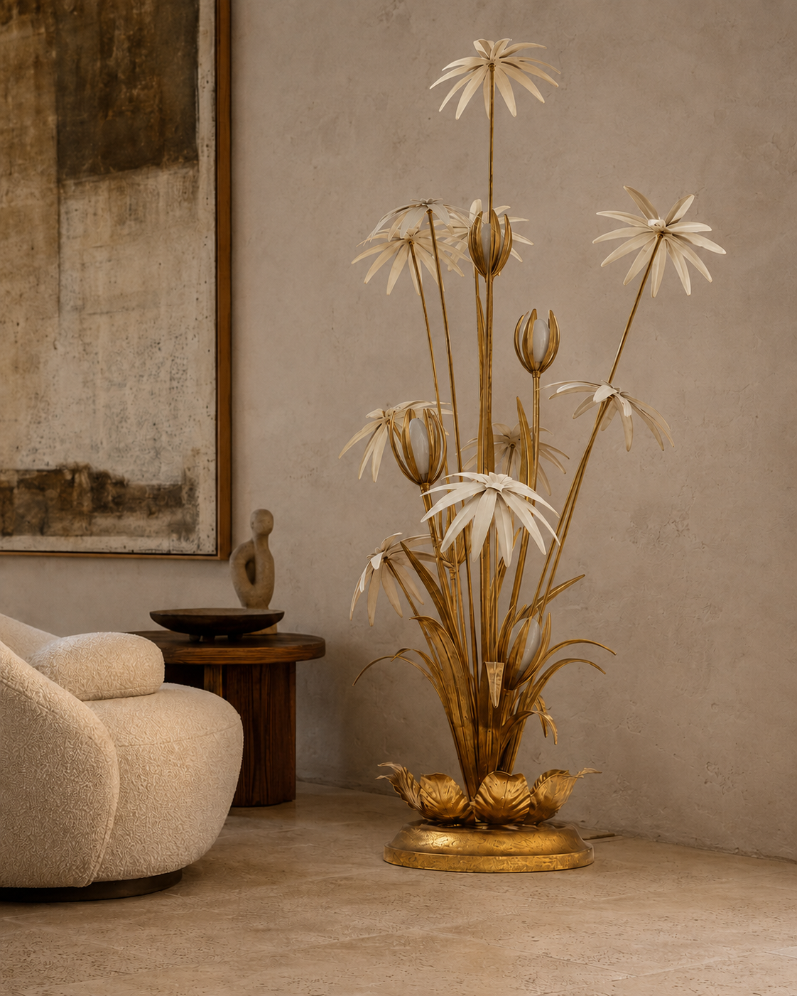 The Bouquet Floor Lamp by The Qratist features handcrafted gold and bronze finished metal flowers and foliage arranged in a sculptural botanical composition, creating warm ambient illumination.