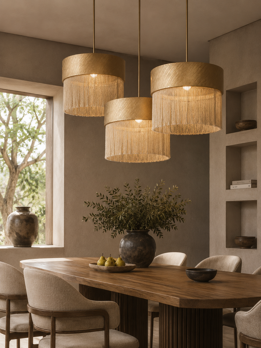 The Cabaret Chandelier by The Qratist features textured cotton pendant shades with cascading fringe suspended from elegant brass fittings, creating a sophisticated Art Deco inspired lighting composition.