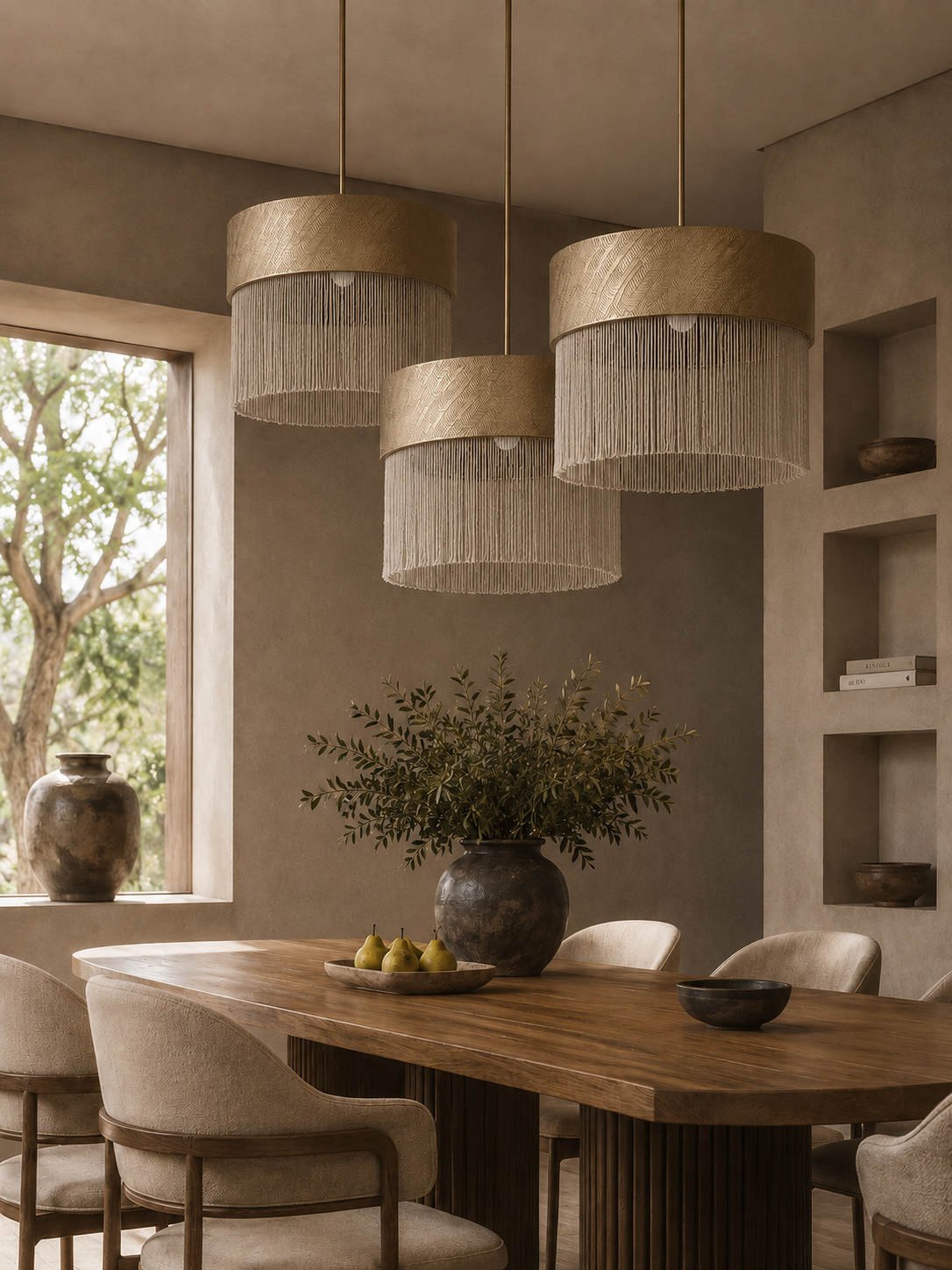 The Cabaret Chandelier by The Qratist features textured cotton pendant shades with cascading fringe suspended from elegant brass fittings, creating a sophisticated Art Deco inspired lighting composition.