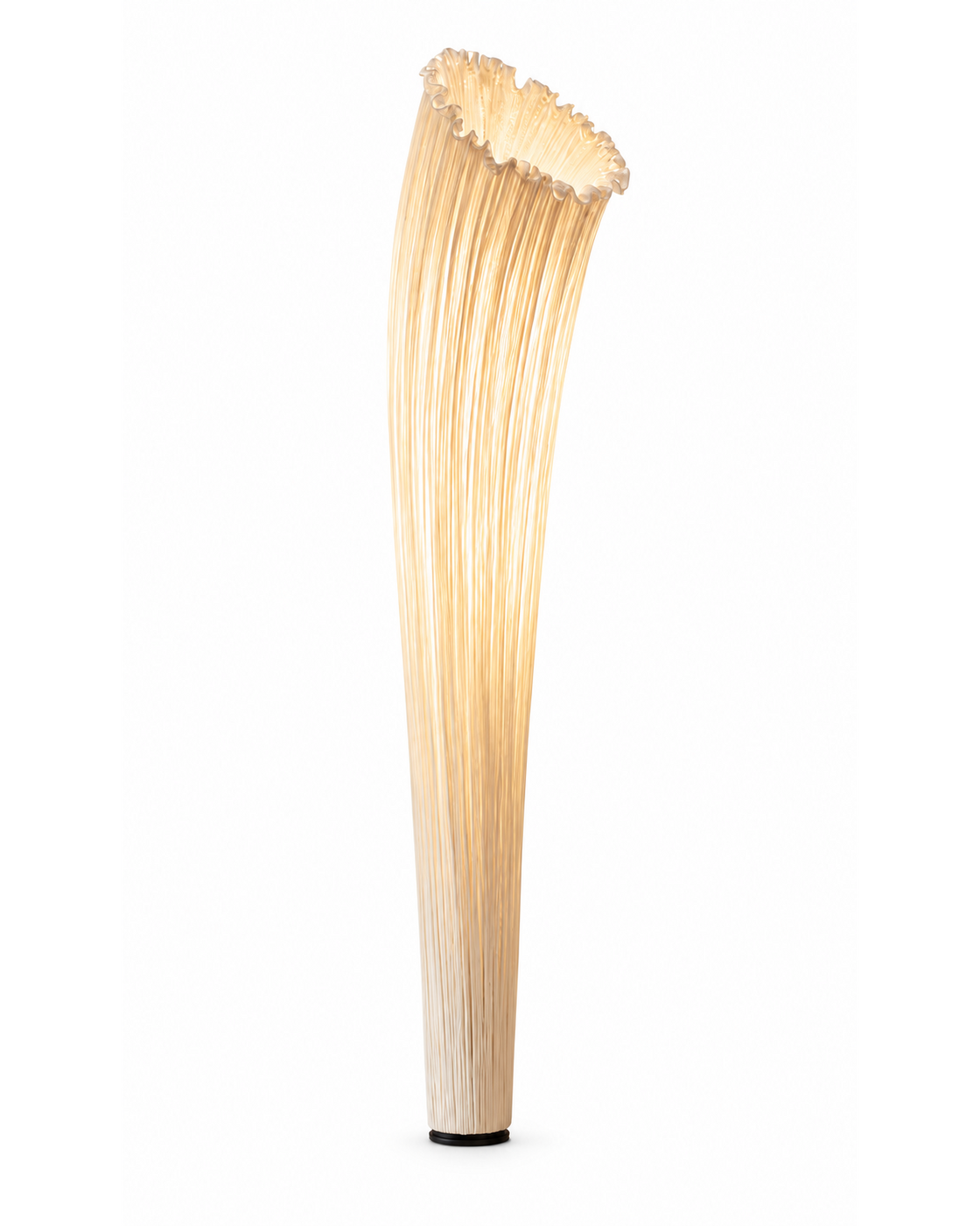 The Calla Lily Floor Lamp by The Qratist features a sculptural pleated cream white silk shade inspired by the elegant form of a blooming calla lily, creating a refined contemporary lighting statement.