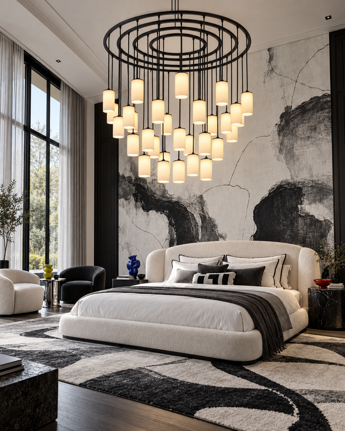 The Carousel Chandelier by The Qratist features outdoor rope and stainless steel arranged in a large concentric sculptural composition with warm 3000K illumination.
