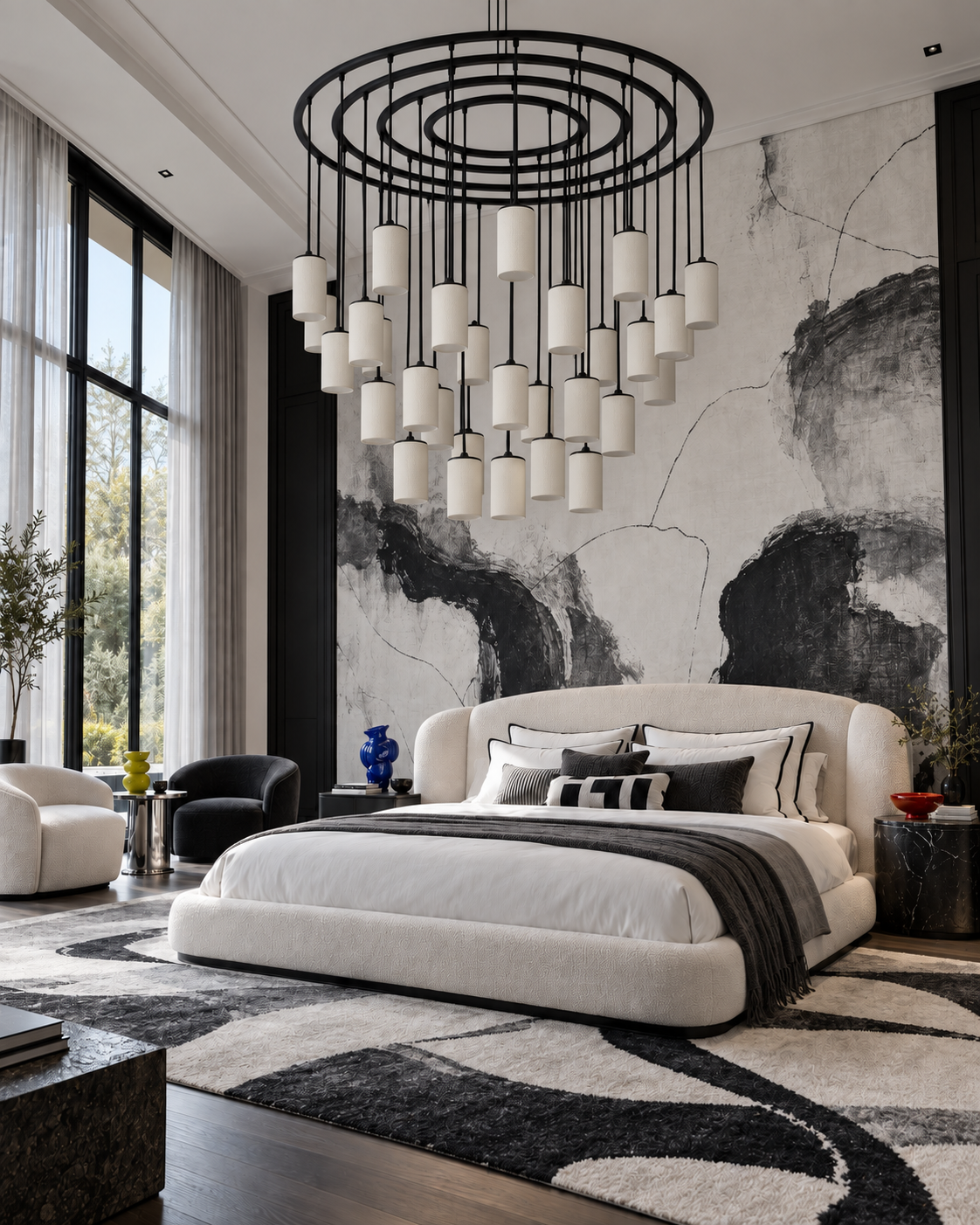 The Carousel Chandelier by The Qratist features outdoor rope and stainless steel arranged in a large concentric sculptural composition with warm 3000K illumination.