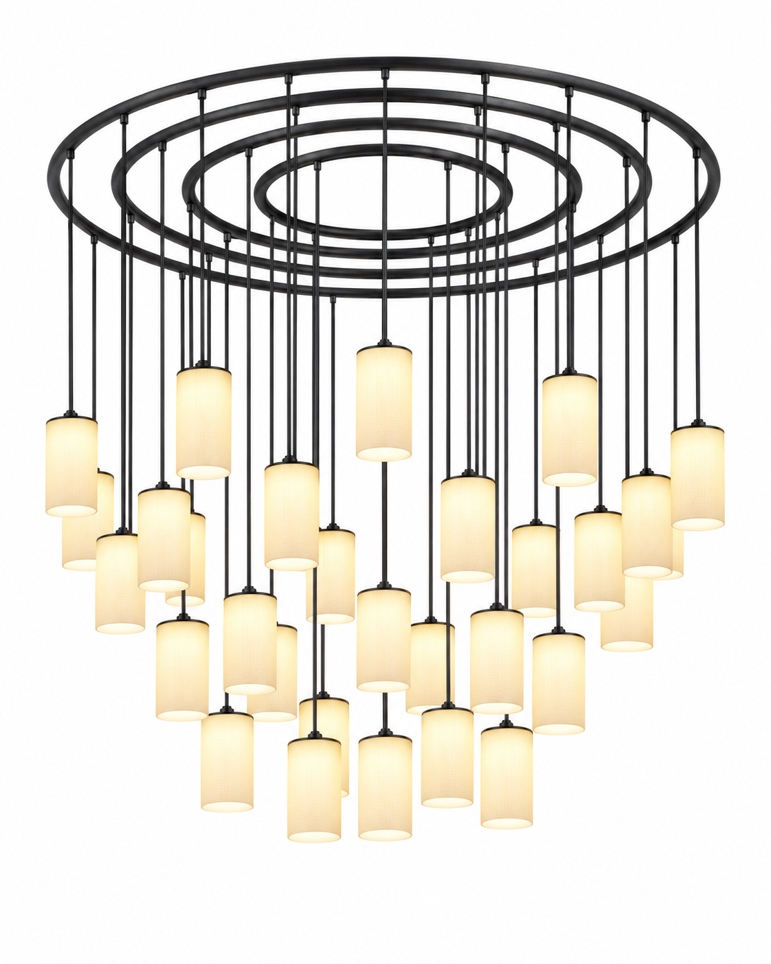 The Carousel Chandelier by The Qratist features outdoor rope and stainless steel arranged in a large concentric sculptural composition with warm 3000K illumination.