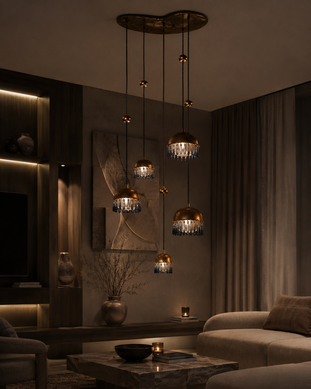 The Chime Chandelier by The Qratist features polished brass dome pendants with handcrafted porcelain drops suspended in a cascading cluster arrangement, creating an elegant sculptural lighting statement.