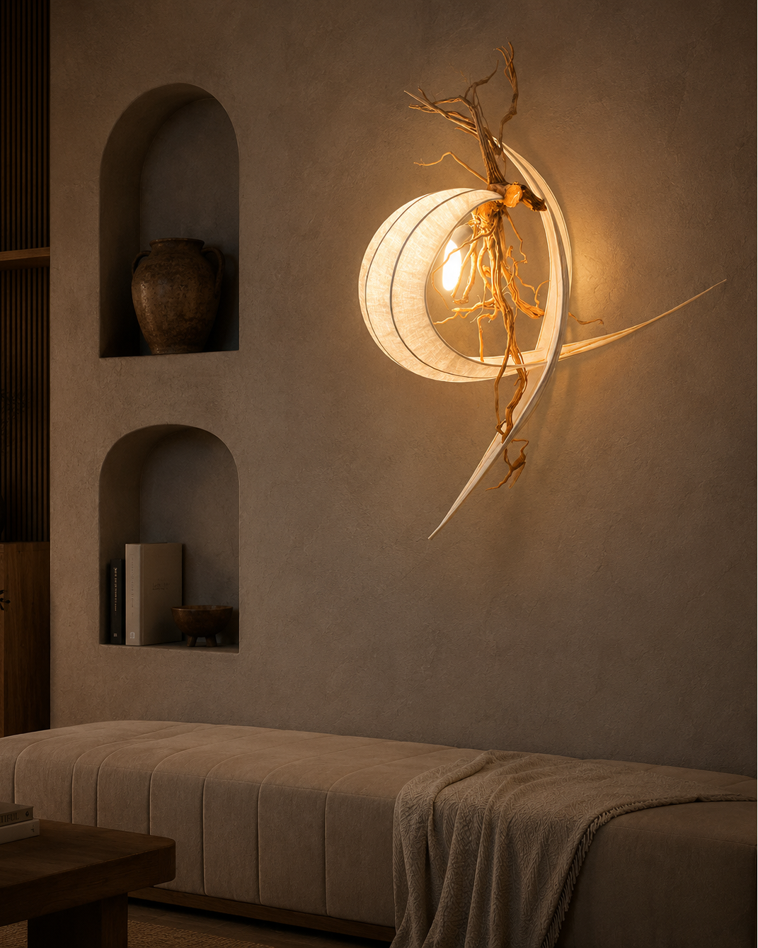 The Cove Wall Light by The Qratist features handcrafted driftwood and woven banana fibre paper arranged in a sculptural crescent design that creates warm ambient illumination.
