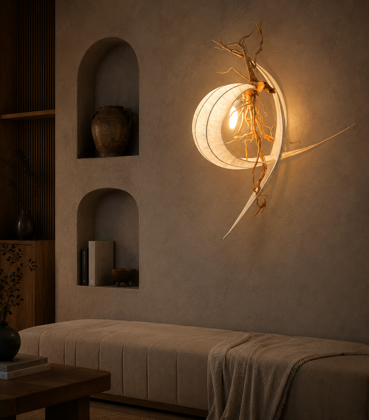The Cove Wall Light by The Qratist features handcrafted driftwood and woven banana fibre paper arranged in a sculptural crescent design that creates warm ambient illumination.