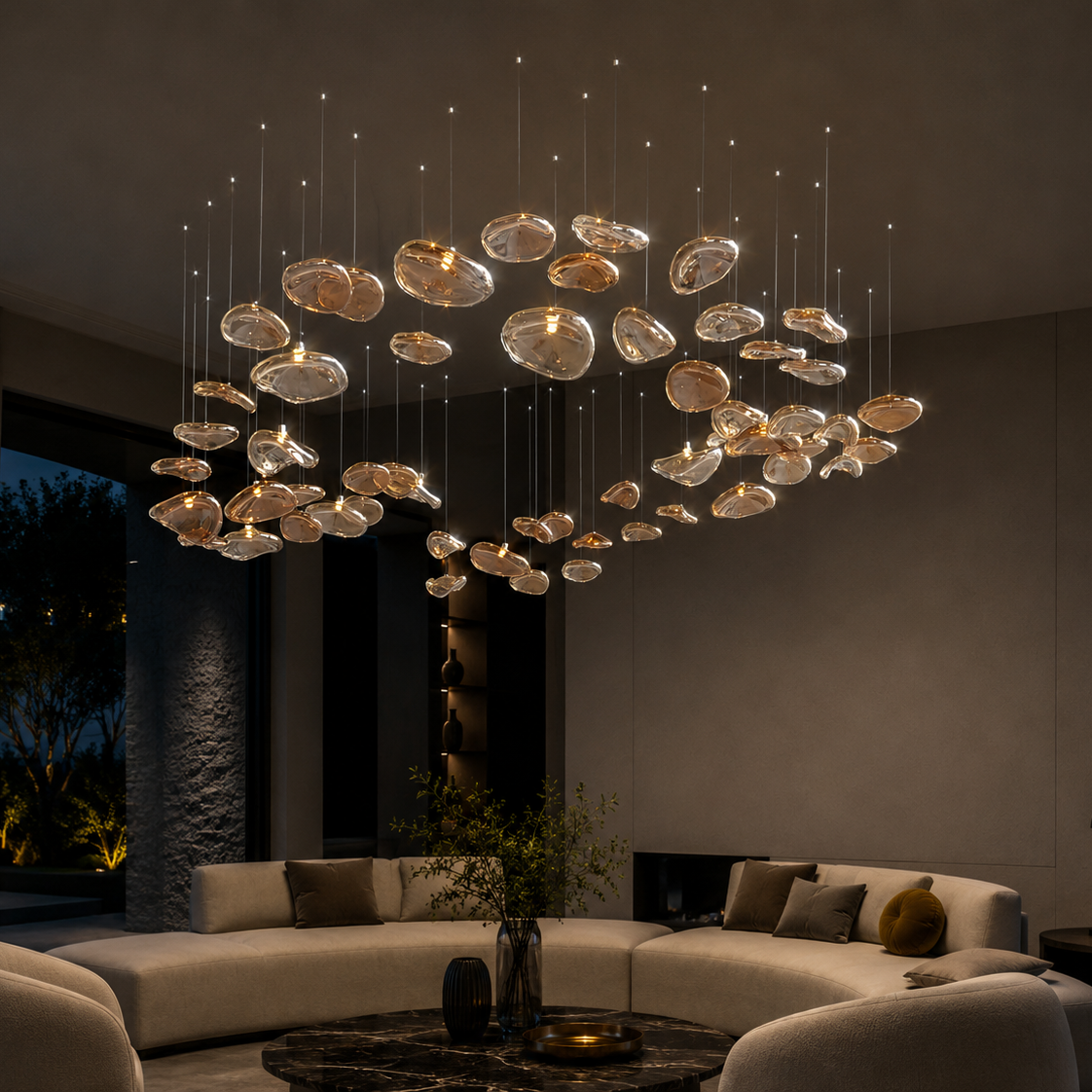 The Halo Chandelier by The Qratist features suspended rose gold glass elements arranged in a sculptural circular composition inspired by a radiant halo.